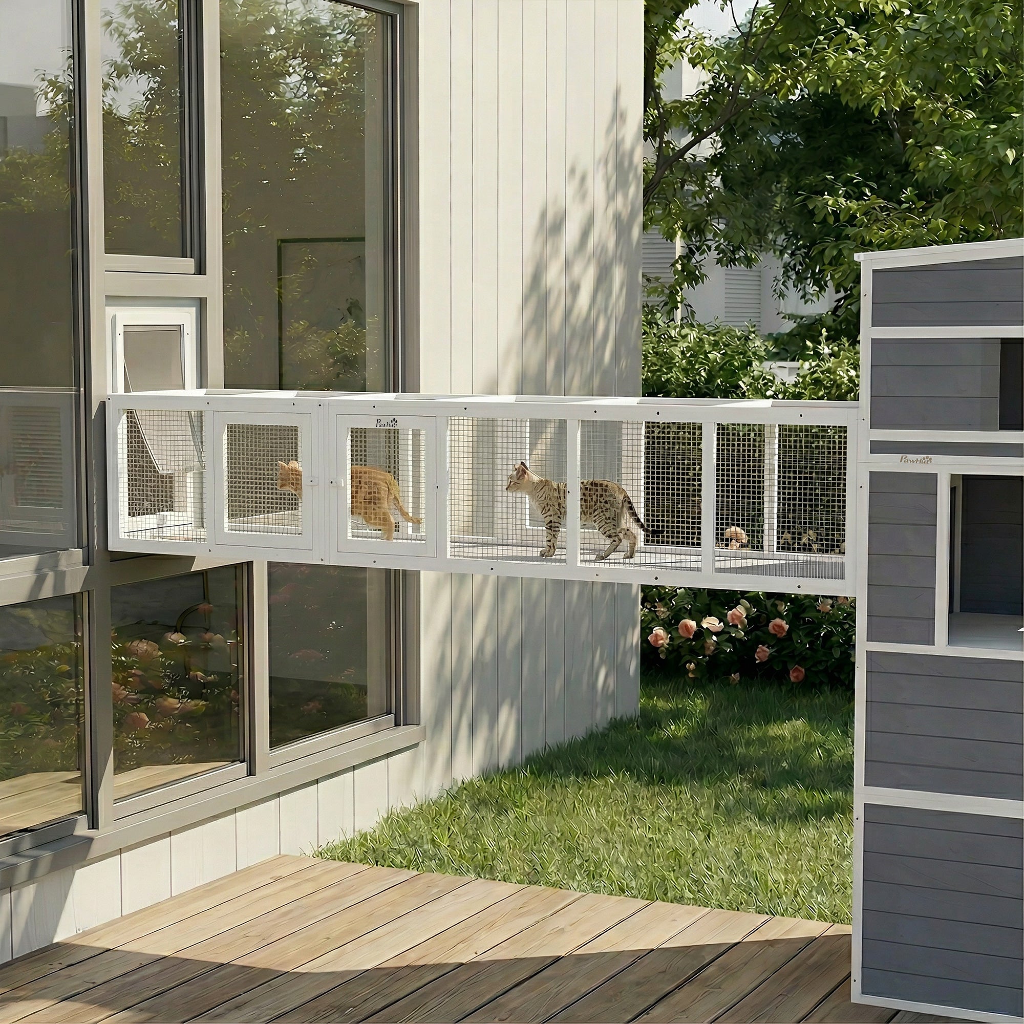 Cat Tunnel, Outdoor Cat Enclosure with Combinable Design, 8 Doors, 98" Kitty Toys for House, Window, Cage, White
