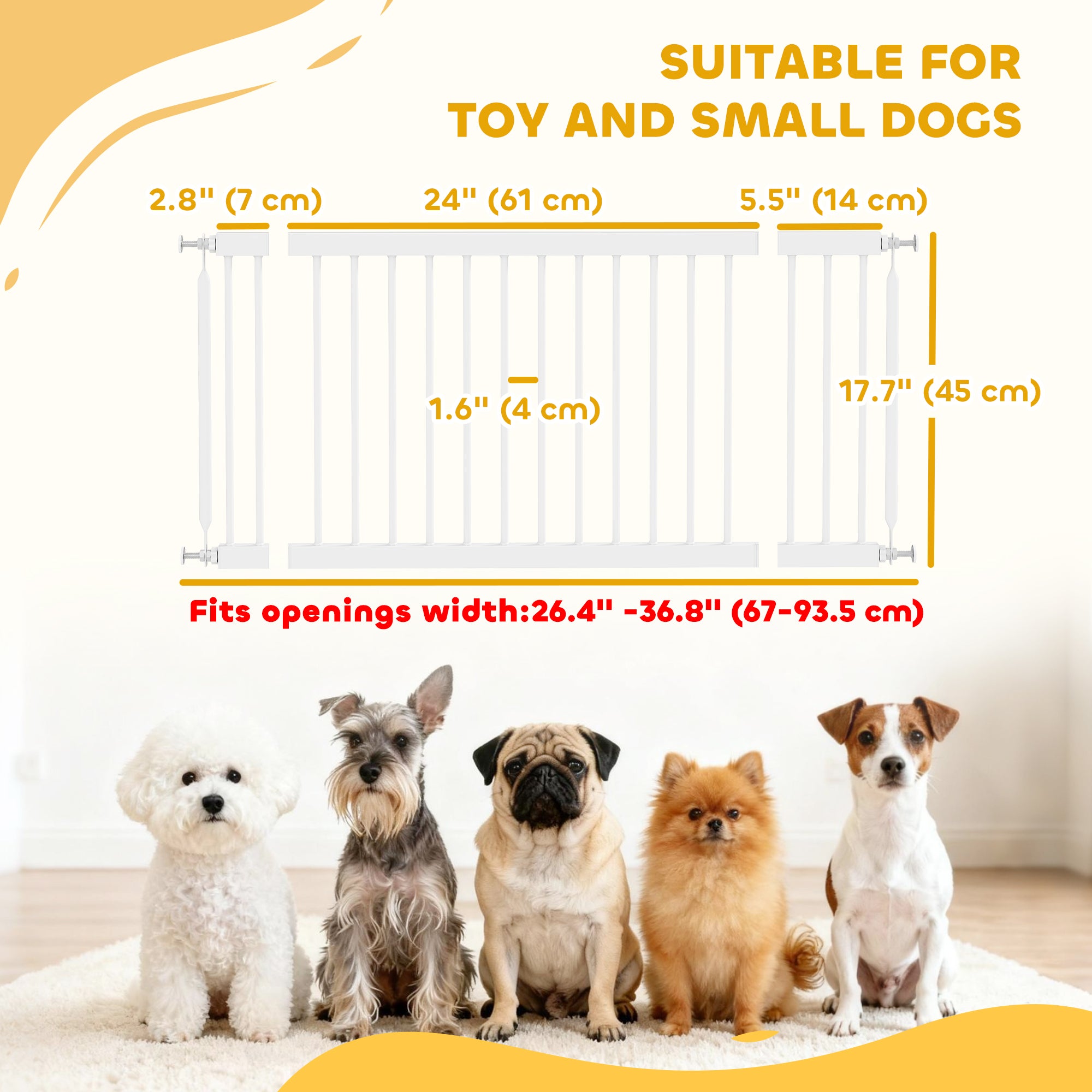 26"-37" Dog Gate, Adjustable Pet Gate, Fits 18" Tall with 2 Extension, Pressure Mount Kit for Stairs and Doorways, White