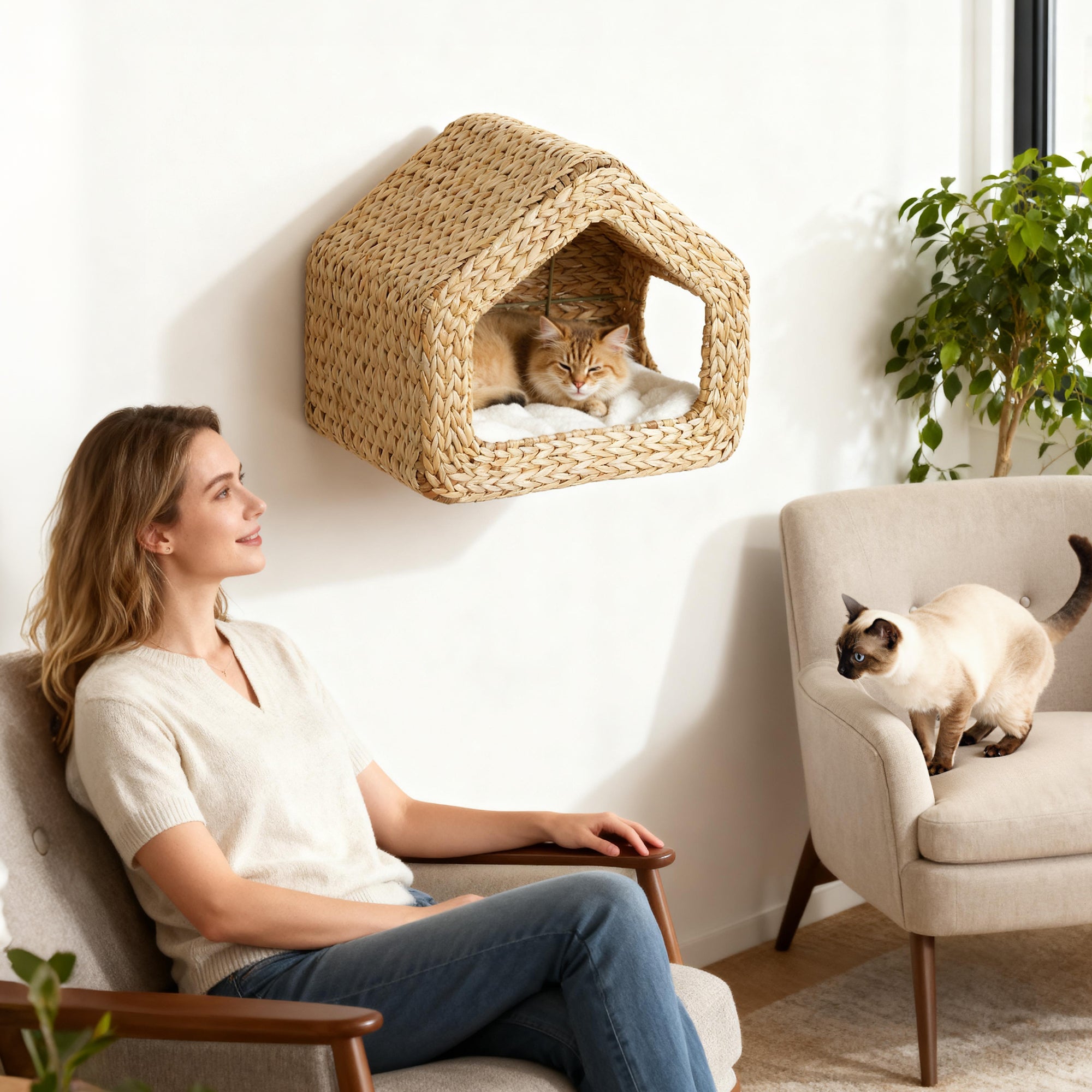 Cat Wall Shelf, Wall Mounted Cat House with Washable Cushion, Kitty Shelf Furniture for Indoor Kittens, Natural