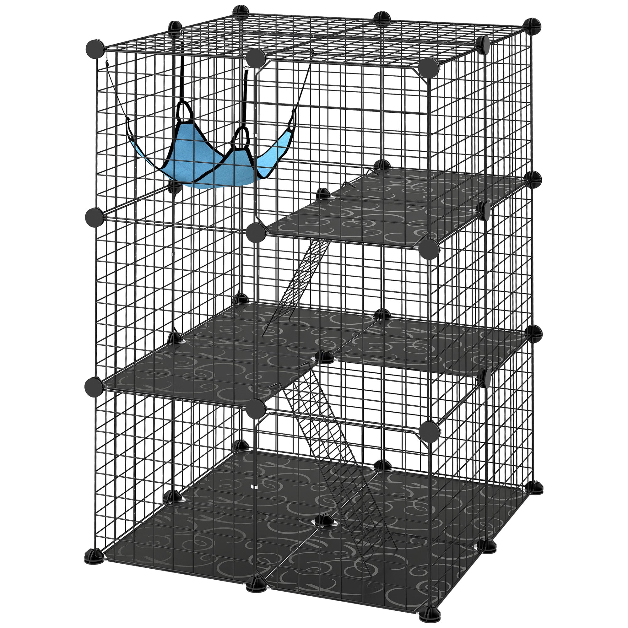 3 Tier Cat Cage Crate, DIY Pet Playpen with 3 Doors, Ladders, Hammock, Platforms, Indoor Playpen for Kittens, Black