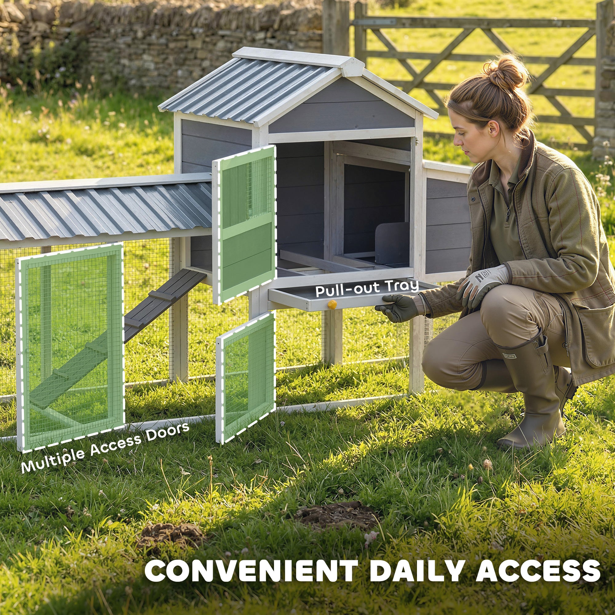 Chicken Coop with Wheels, 80" L Mobile Hen House with Run, Outdoor Wooden Chicken House with Nesting Box, Tray, Ramp