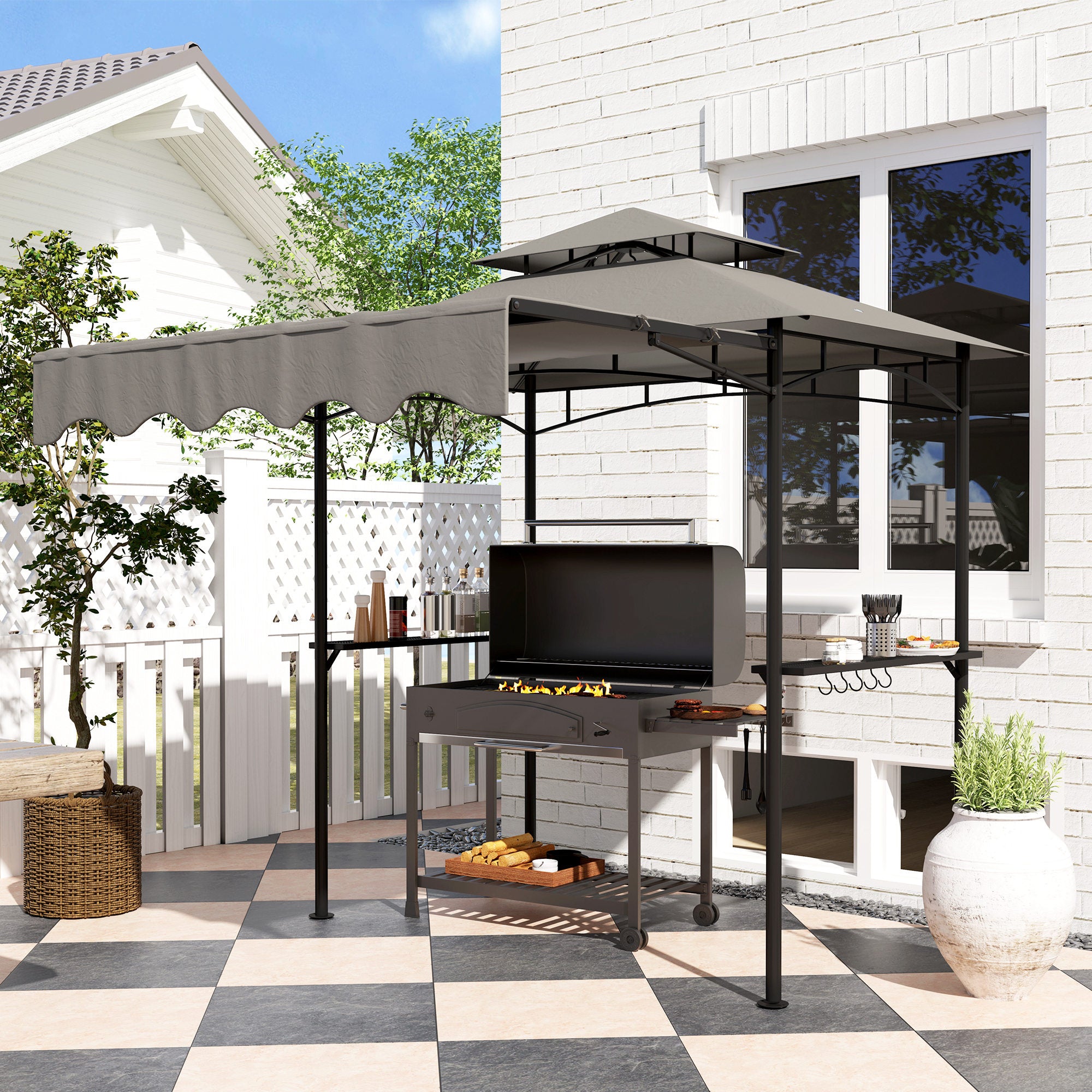8' x 7.6' Grill Gazebo with Side Awning - Light Grey