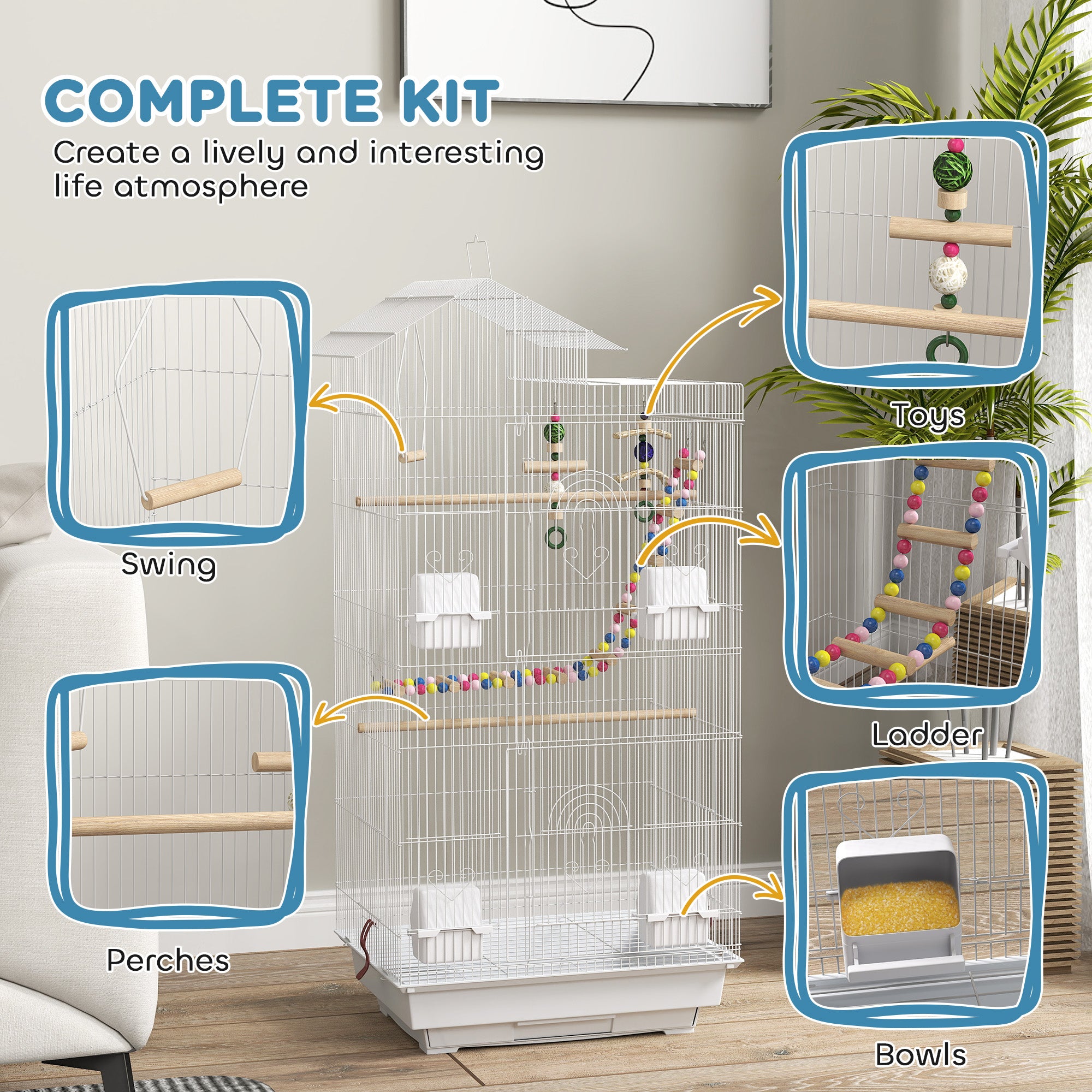 39" Bird Cage for Budgie, Cockatiel, Conure, Small Birds, with Ladder, Swing, Toys, Perches, Tray, Feeding Bowls, Handle