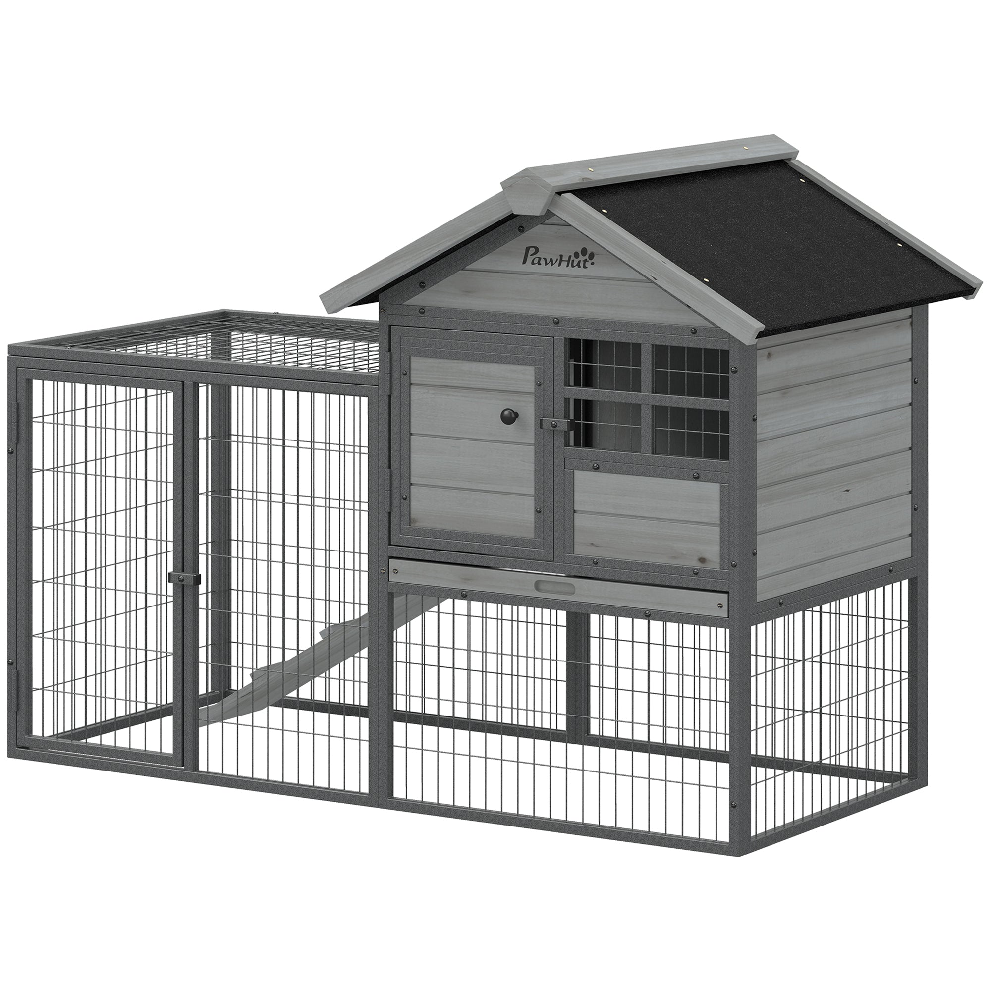 Clapier extérieur pour lapins, grande cage en bois gris de 48"L avec enclos détachable