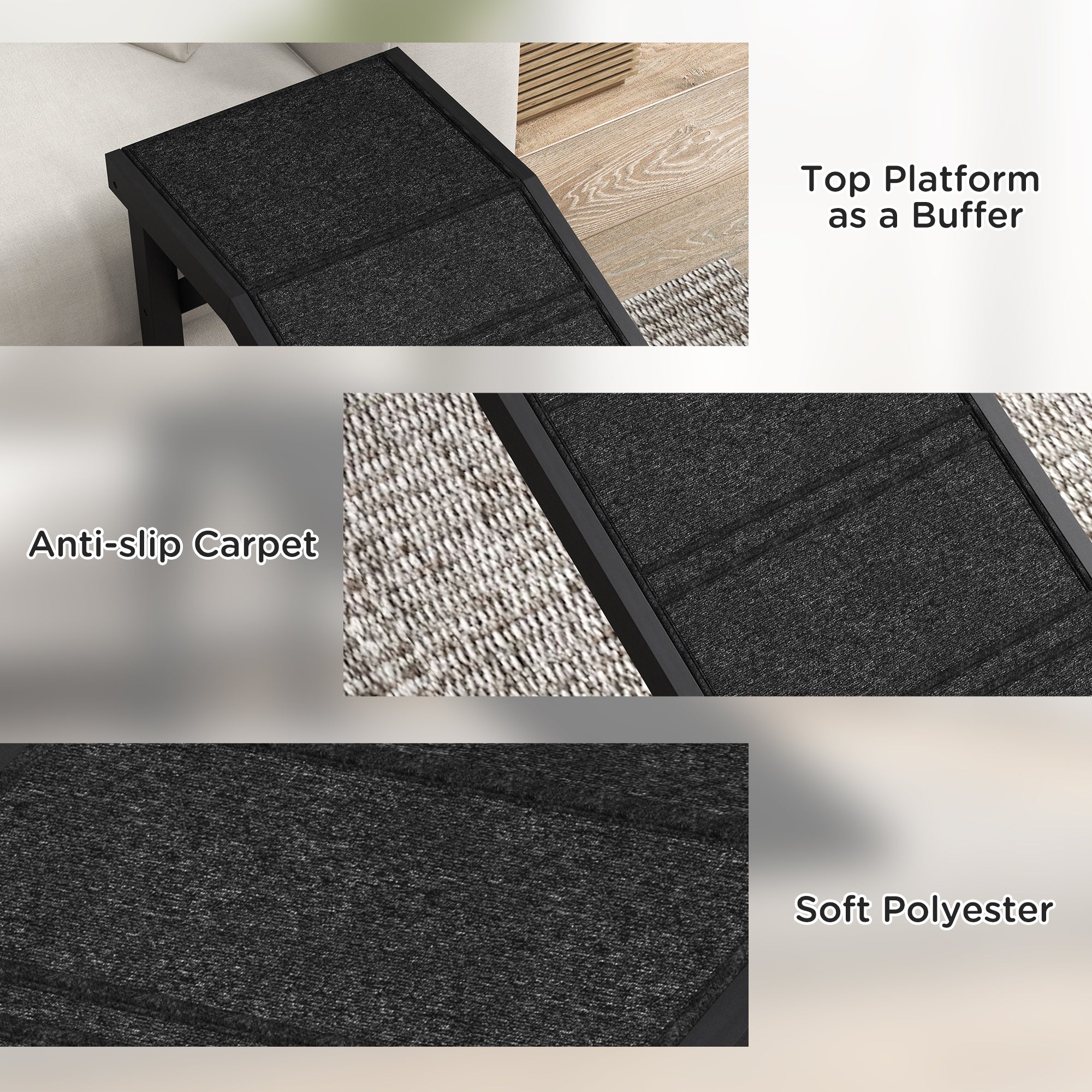 Pet Ramp Bed Steps for Dogs Cats Non-slip Carpet Top Platform Pine Wood 74"L x 16"W x 25"H Black