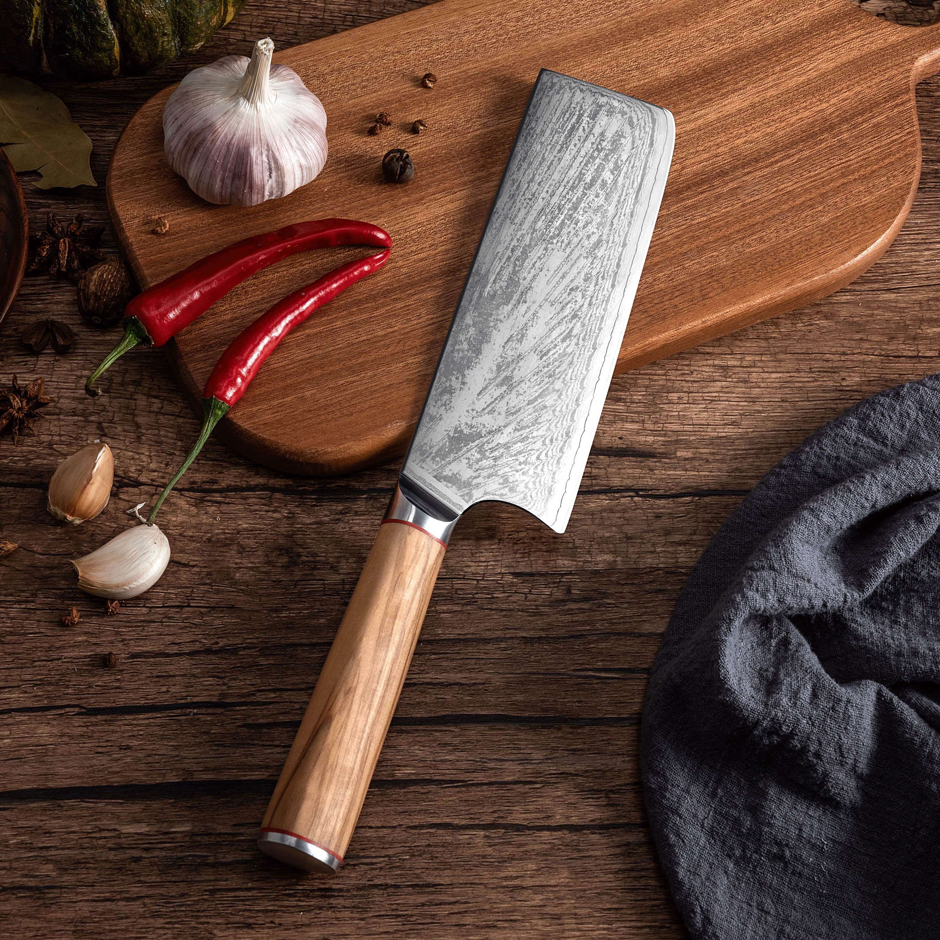 MIA X | Cleaver Knife 7" Damascus AUS10 Steel 67 Layer / Olive Wood handle-Cleaver Knife-DECOROLALA