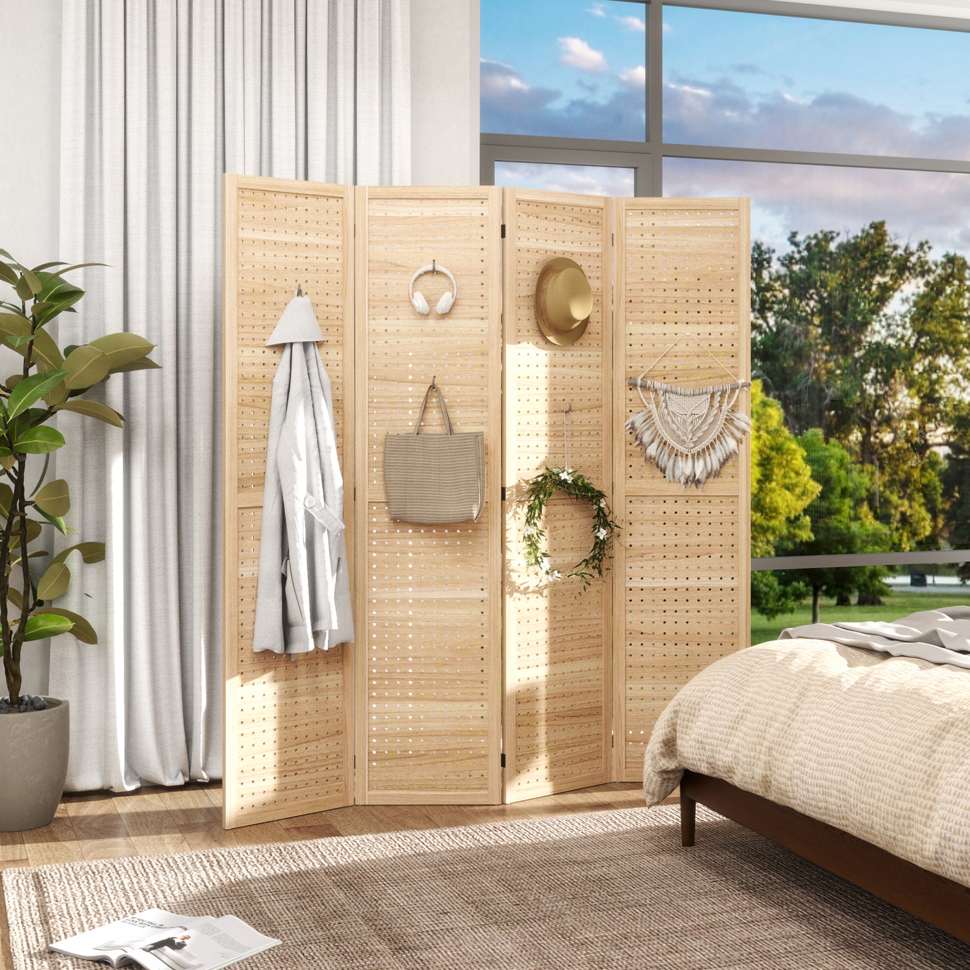 5.6 Ft. Tall 4-Panel Room Divider, Pegboard Panel Freestanding Folding Privacy Screen Panels, Partition Wall Divider for Indoor Bedroom Office, Natural