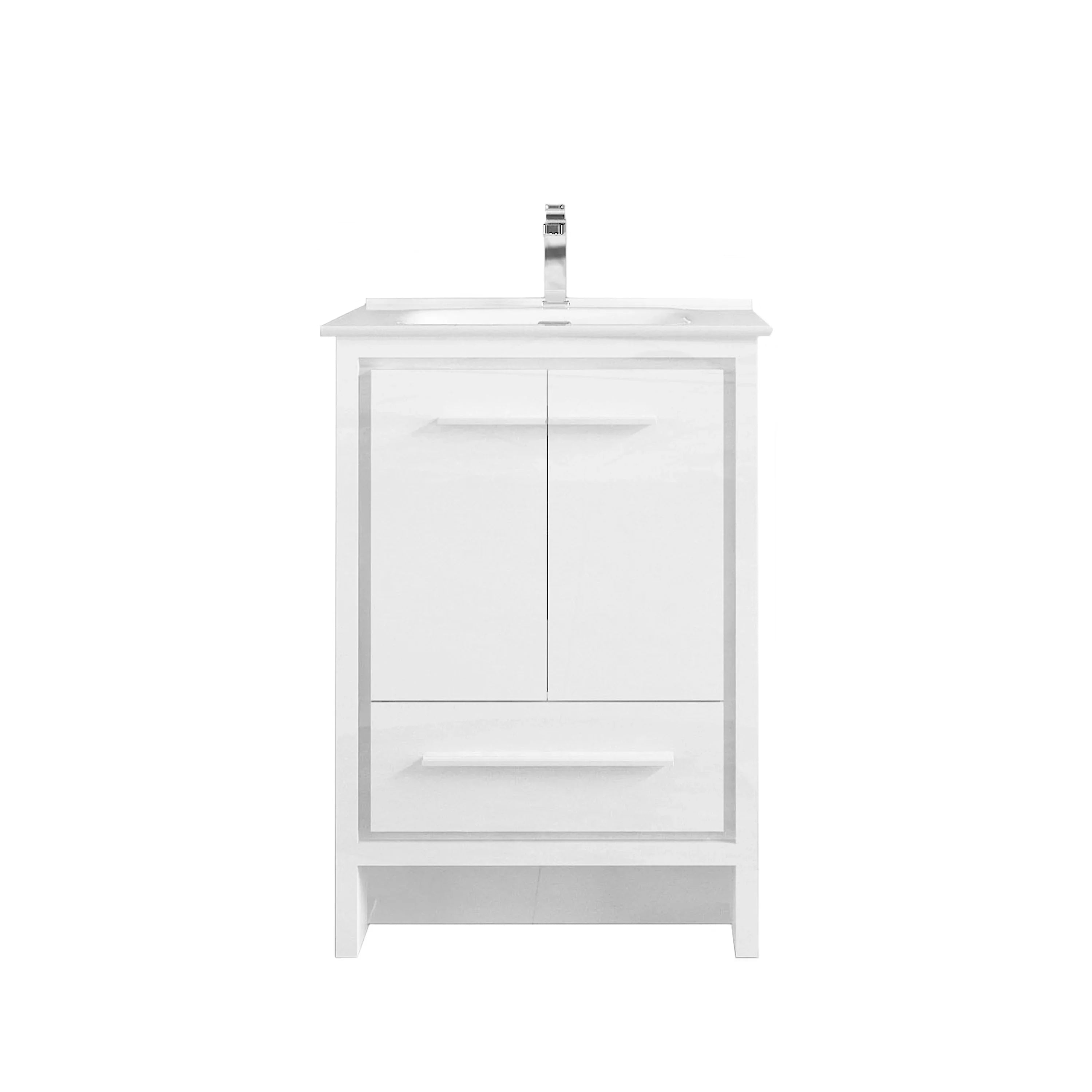 24" Glossy White Freestanding Single Sink Bathroom Vanity with White Ceramic Countertop