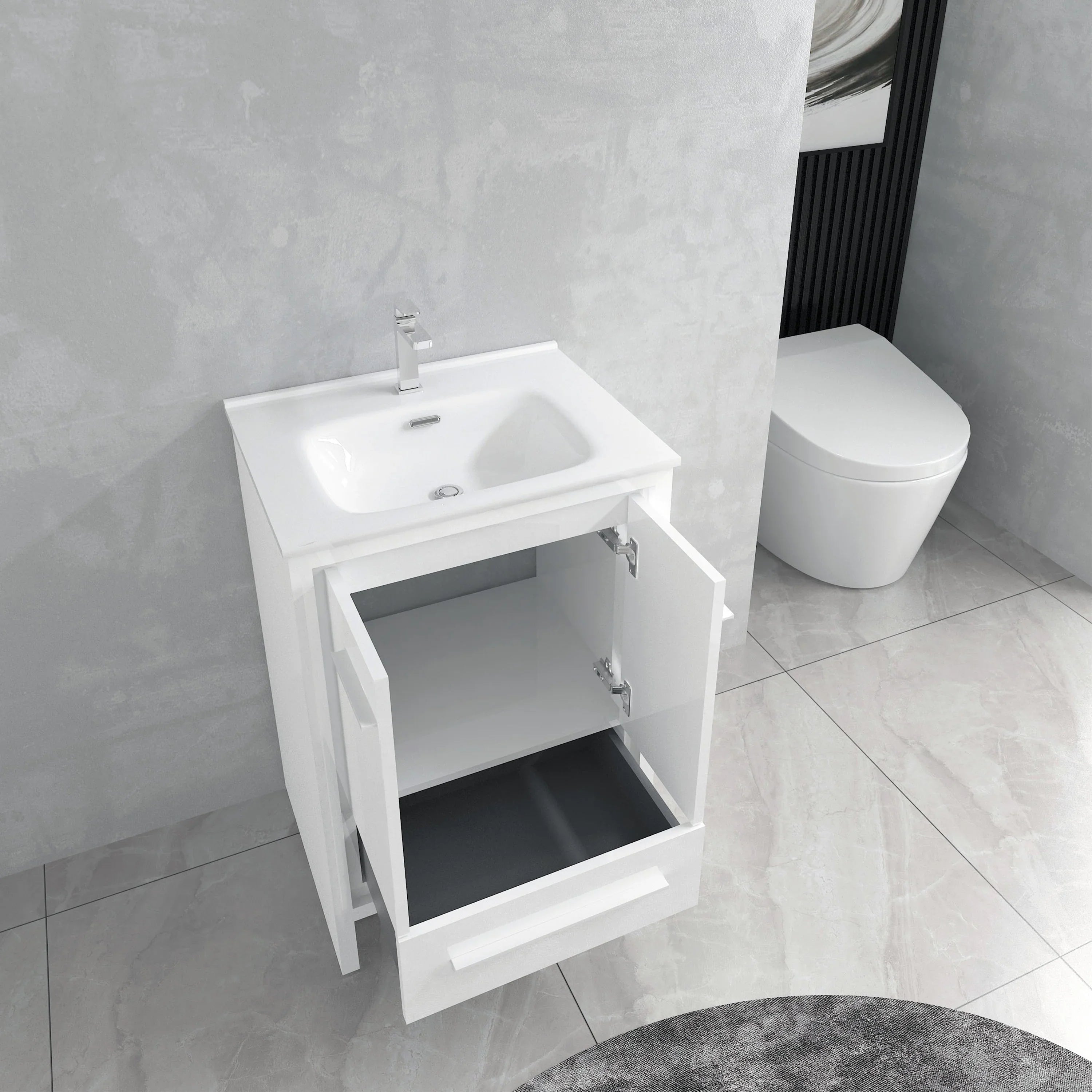 24" Glossy White Freestanding Single Sink Bathroom Vanity with White Ceramic Countertop