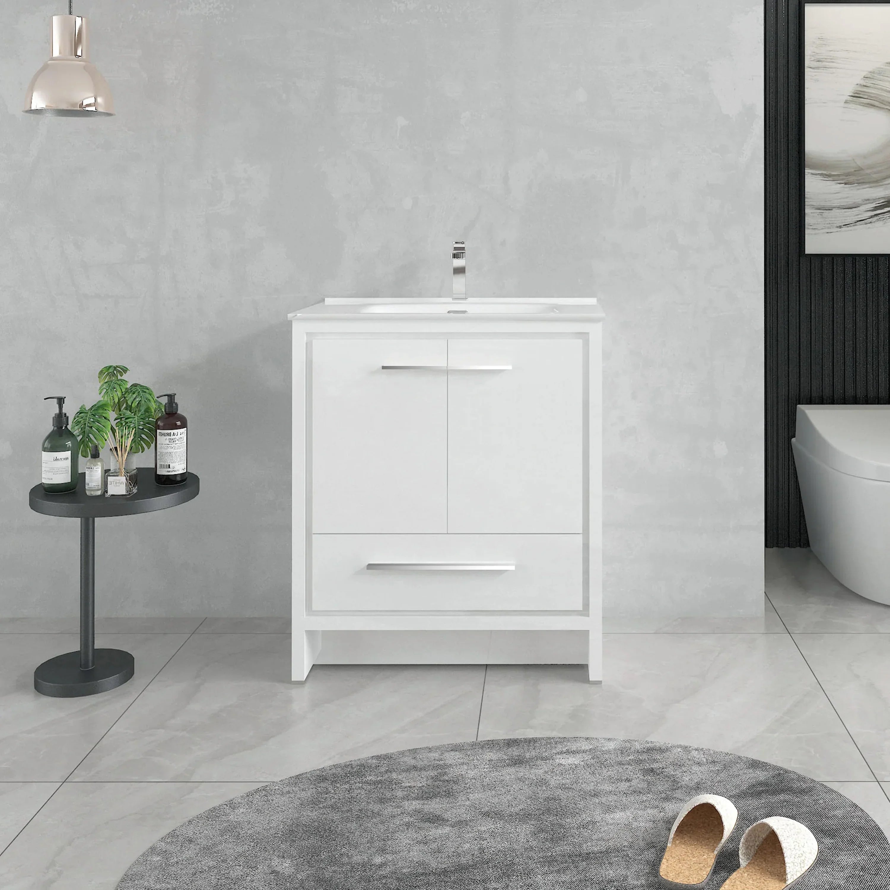 30" Matte White Freestanding Bathroom Vanity with White Ceramic Countertop