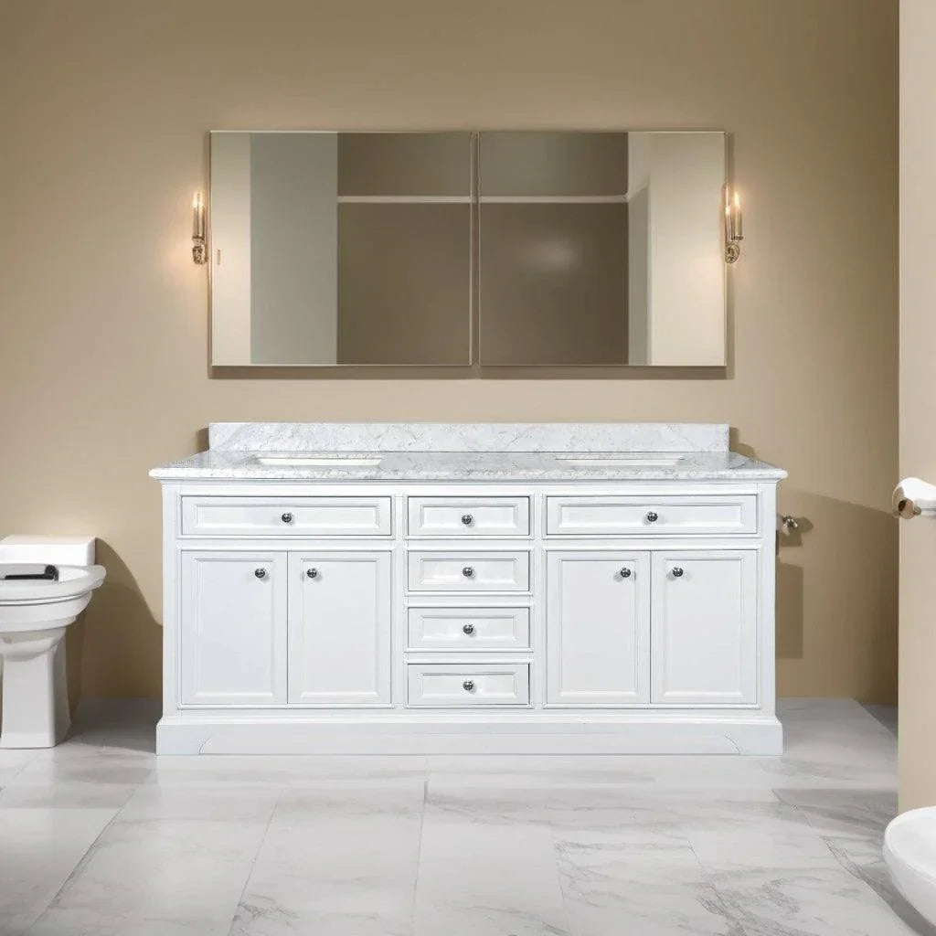 72" White Freestanding Double Sink Bathroom Vanity with Carrera Marble Countertop