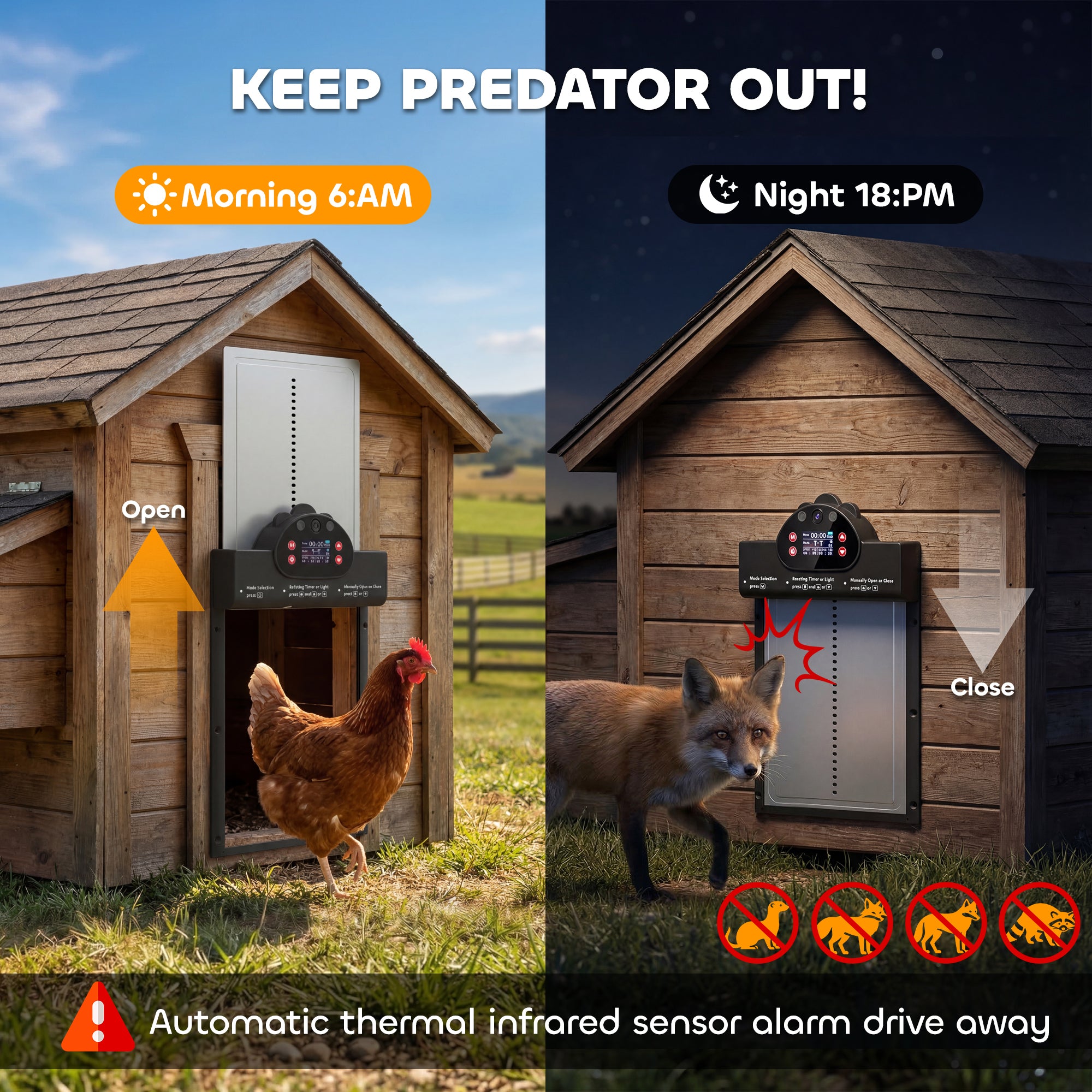 2K HD AI Camera Automatic Chicken Coop Door with APP, WiFi Solar Powered with 5200 mAh Large Battery, Alarm Driver