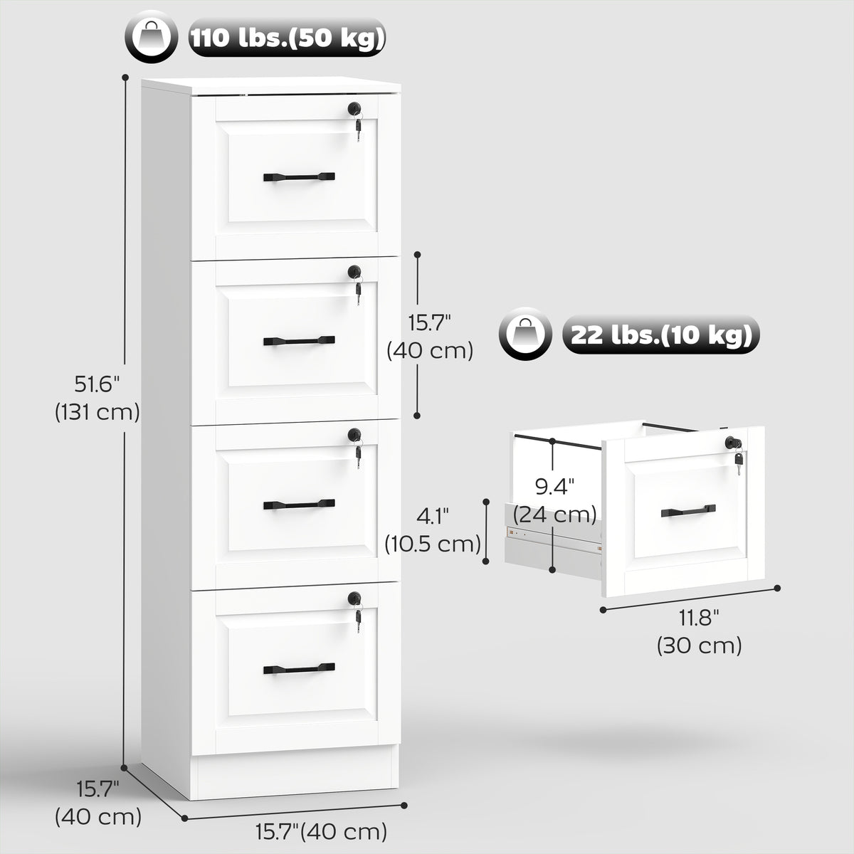 4-Drawer Vertical File Cabinet with Lock - White MDF 52" H