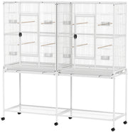 64" Large Rolling Bird Cage Bird House with Detachable Rolling Stand, Storage Shelf, Wood Perch Food Container, White