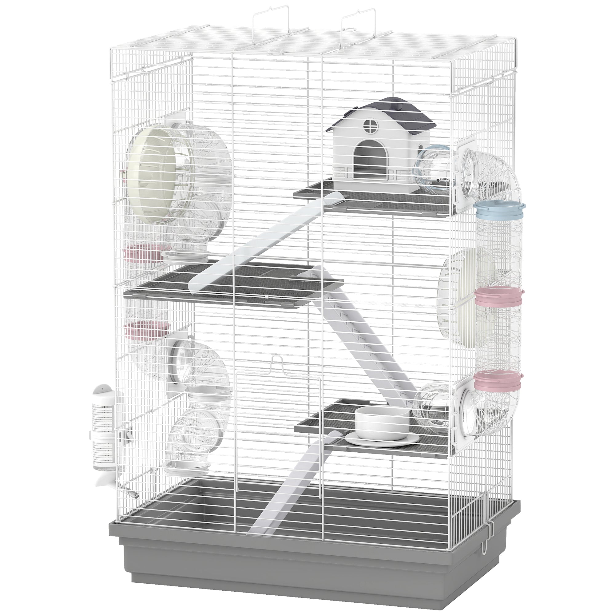 4-Level Large Hamster Cage with DIY Tubes, Water Bottle, Food Dish, Hut, Exercise Wheels, Grey
