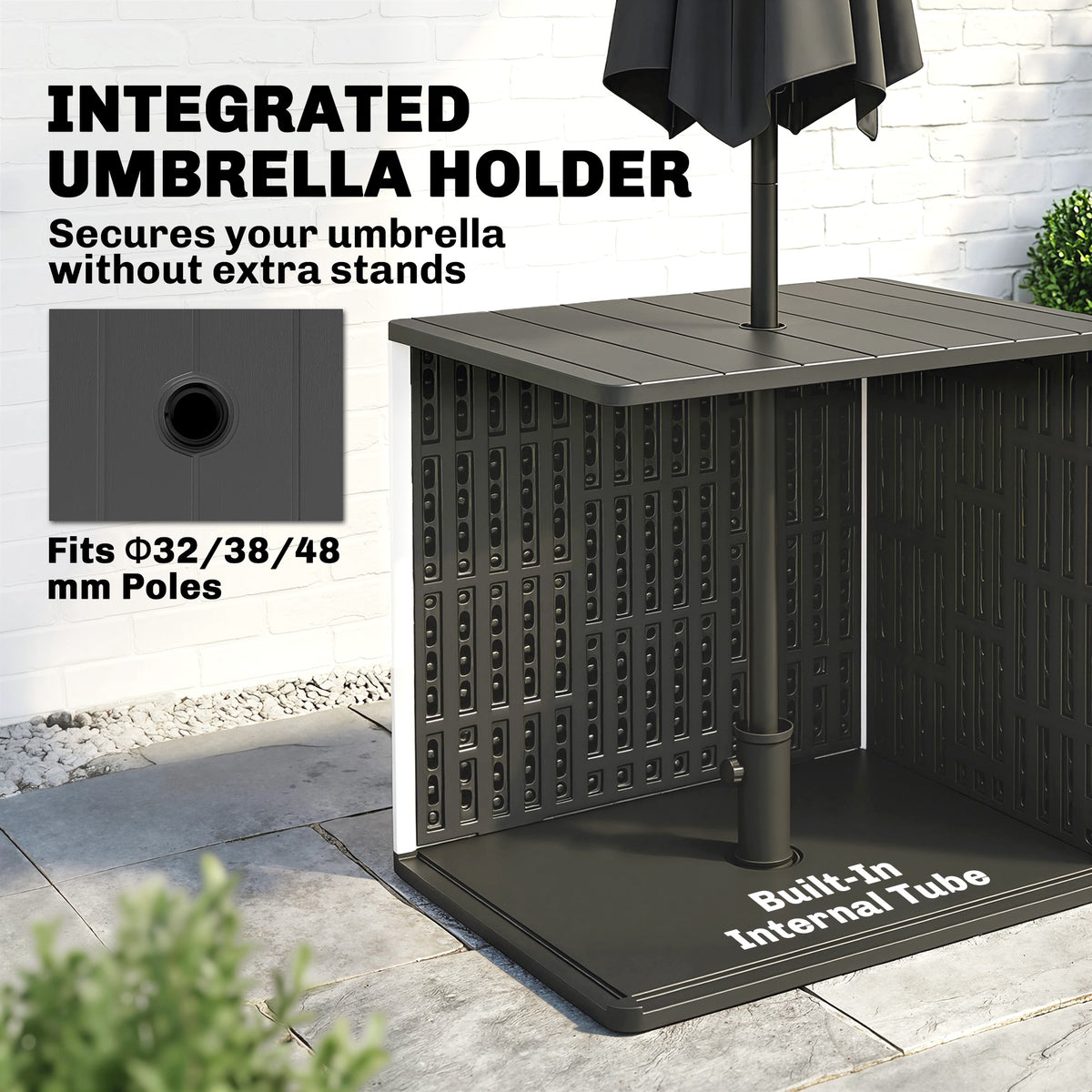 30 Gallon Outdoor Storage Box & Side Table with Umbrella Holder