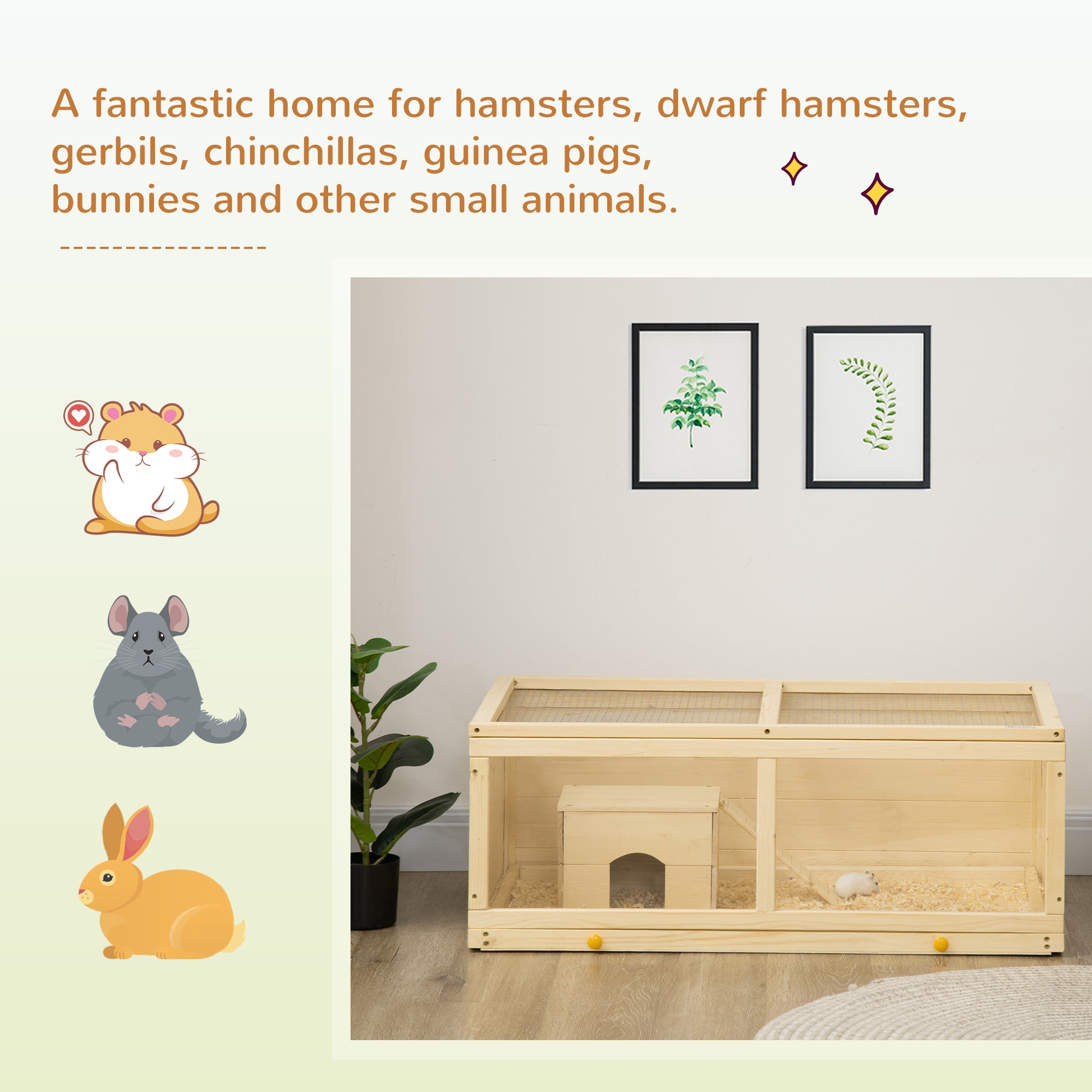 Small Animals Kit Hutch w/ Sliding Tray, Exercise Play House for Dwarf Hamsters, Gerbils, Chinchillas, Natural Wood