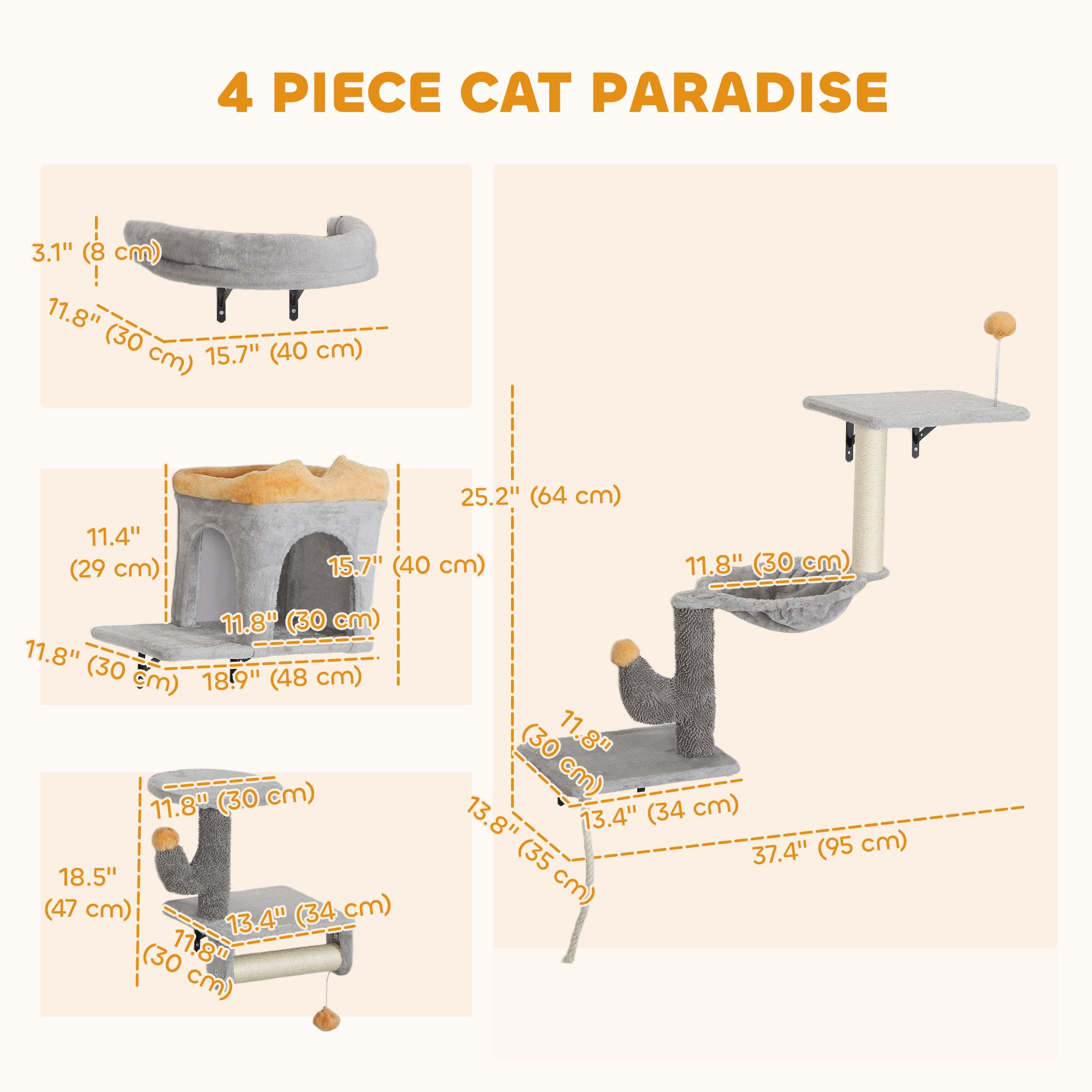 Cat Wall Shelves, 4 Pcs Cat Wall Furniture Set with Scratching Posts, Condo, Hammock, Perchs, Light Grey