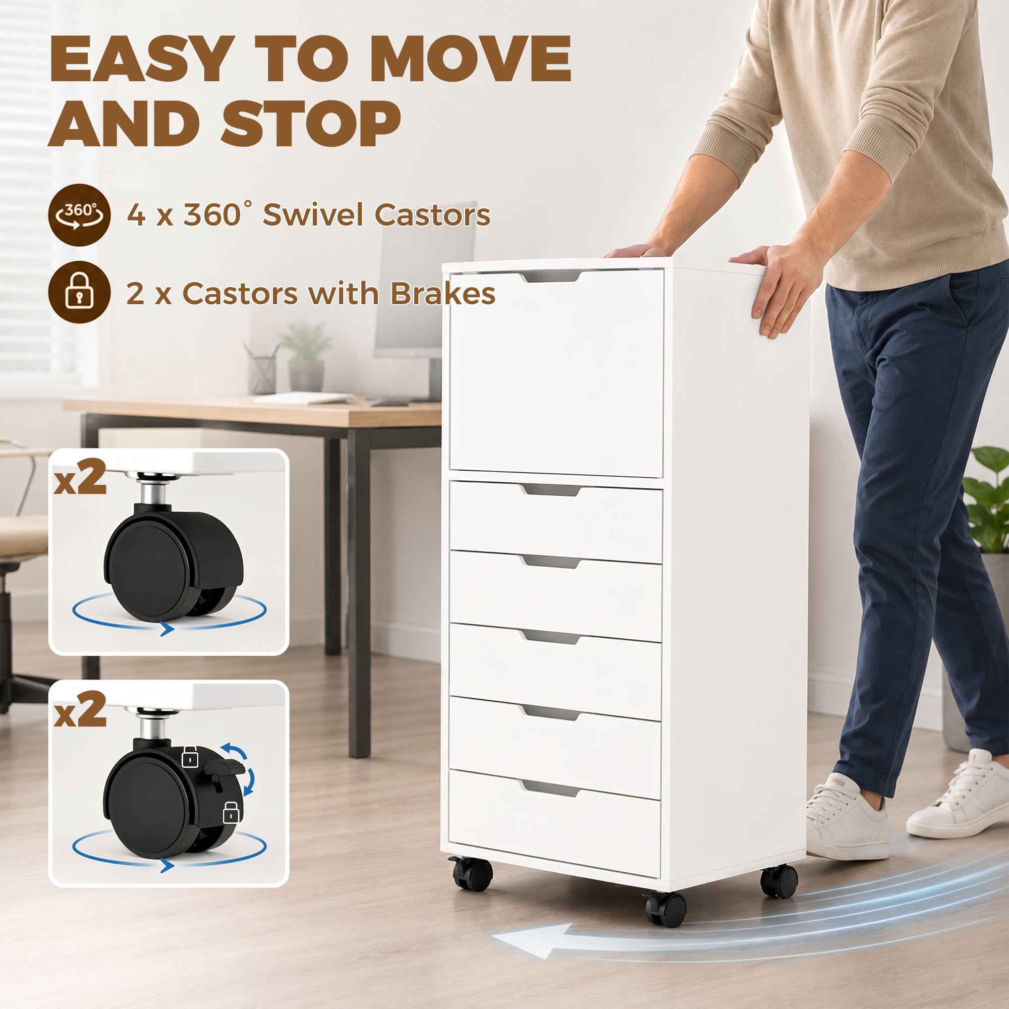 File Cabinet on Wheels Mobile Printer Stand with 5 Drawers for Home Office White-Office Products > Office Furniture > Office Cabinets & Cupboards-DECOROLALA