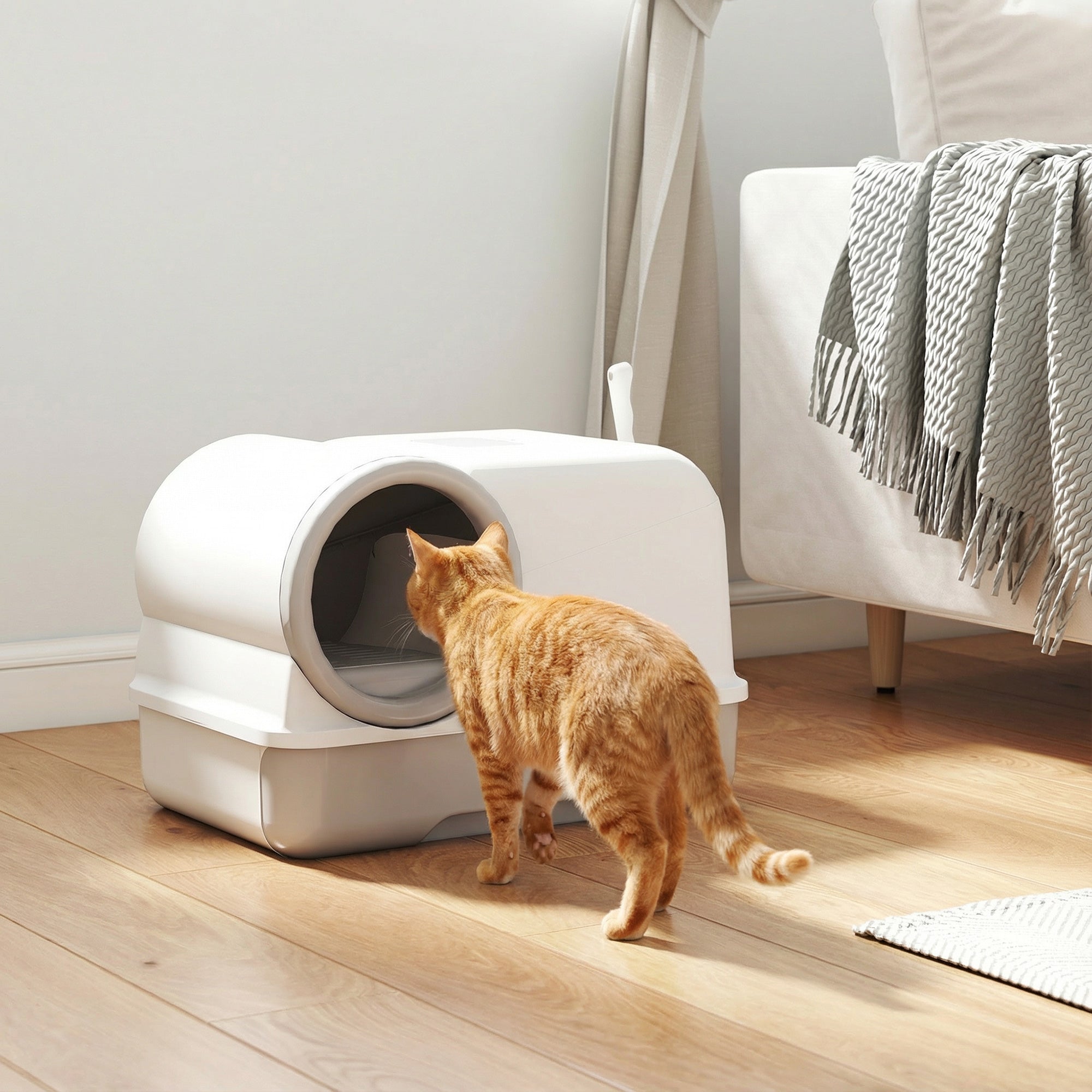 Cat Litter Box Easy Clean Drawer Odor Control Hooded Cat Litter Tray with Scoop White and Grey
