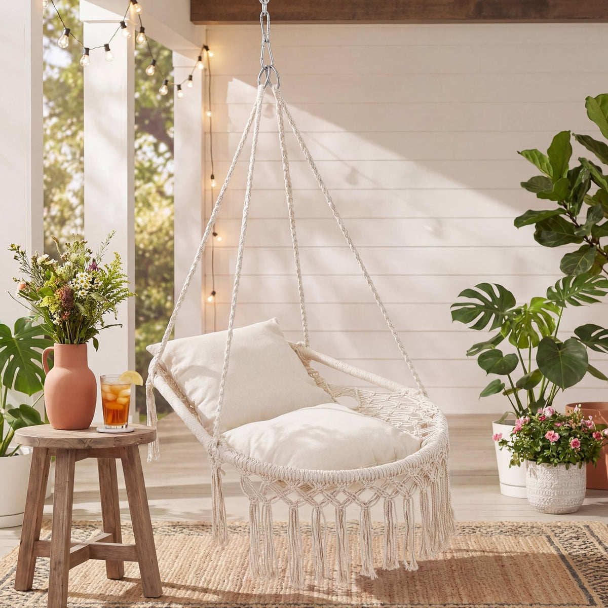 Macrame Swing Chair Hammock Chair with 2 Removable Cushions-Beige-Hammocks-DECOROLALA