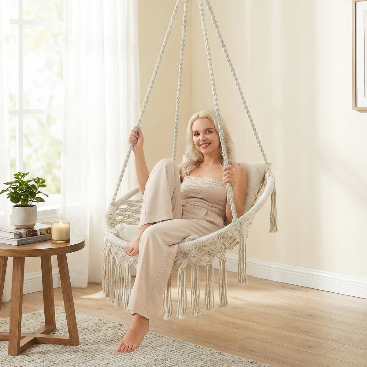 Macrame Swing Chair Hammock Chair with 2 Removable Cushions-Beige-Hammocks-DECOROLALA