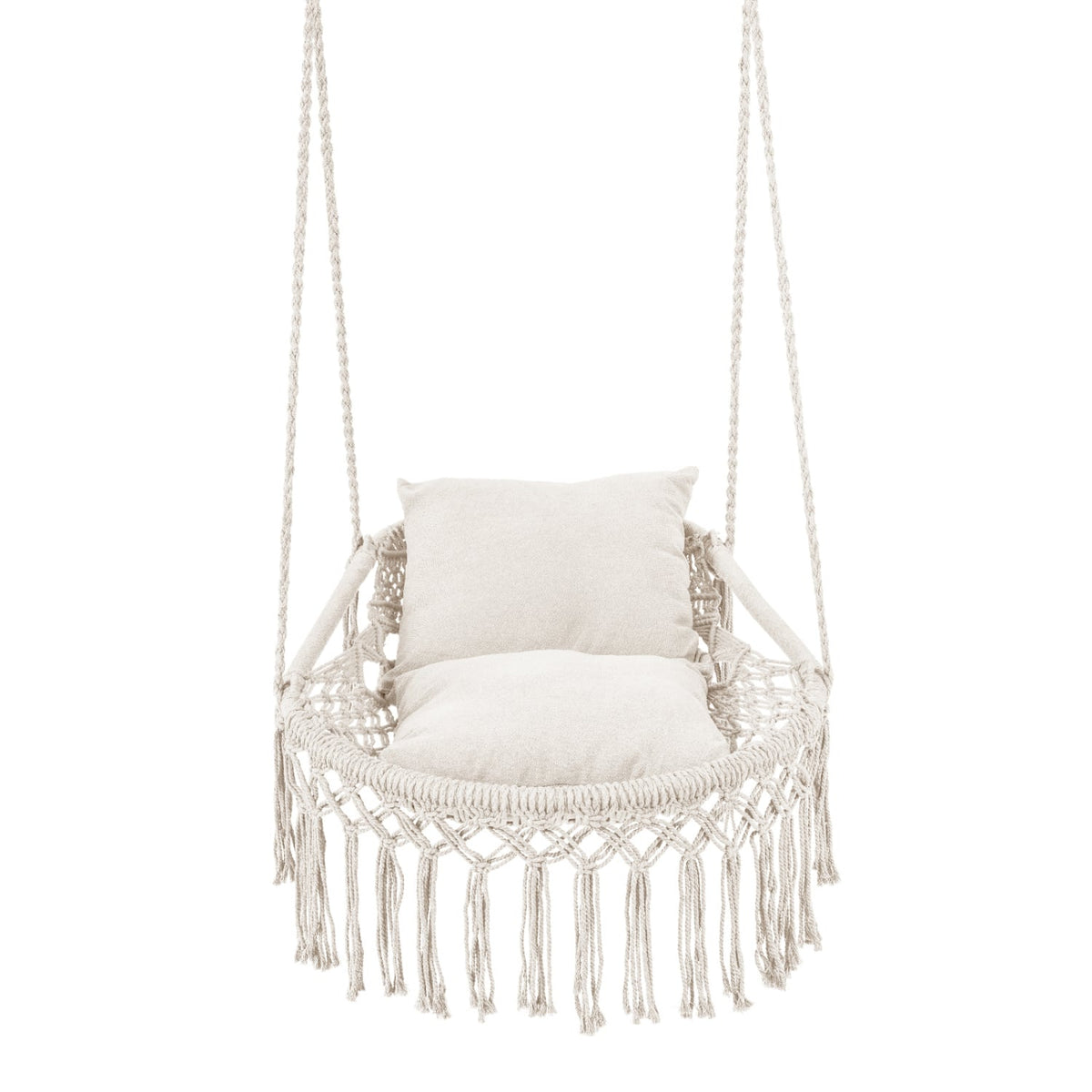 Macrame Swing Chair Hammock Chair with 2 Removable Cushions-Beige-Hammocks-DECOROLALA