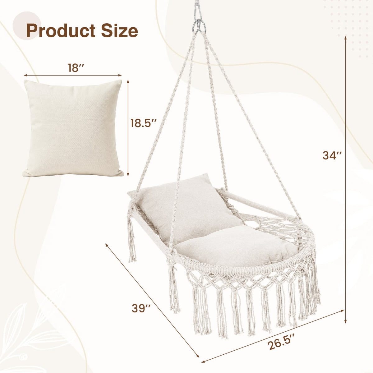 Macrame Swing Chair Hammock Chair with 2 Removable Cushions-Beige-Hammocks-DECOROLALA