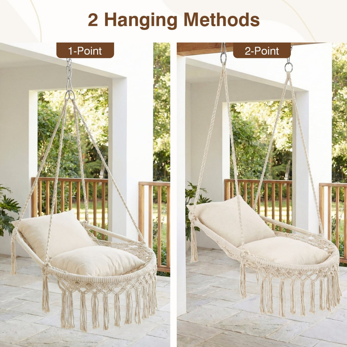 Macrame Swing Chair Hammock Chair with 2 Removable Cushions-Beige-Hammocks-DECOROLALA