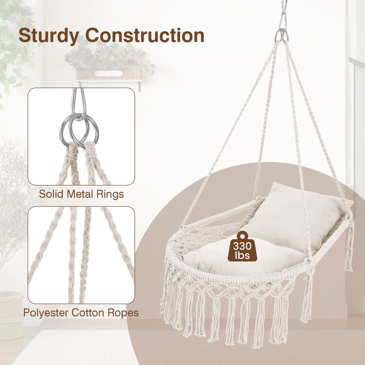 Macrame Swing Chair Hammock Chair with 2 Removable Cushions-Beige-Hammocks-DECOROLALA