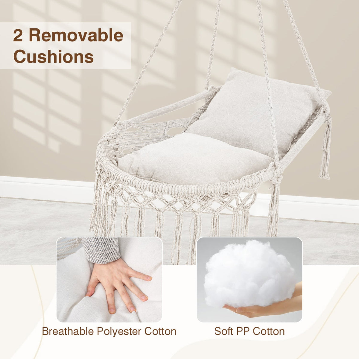 Macrame Swing Chair Hammock Chair with 2 Removable Cushions-Beige-Hammocks-DECOROLALA