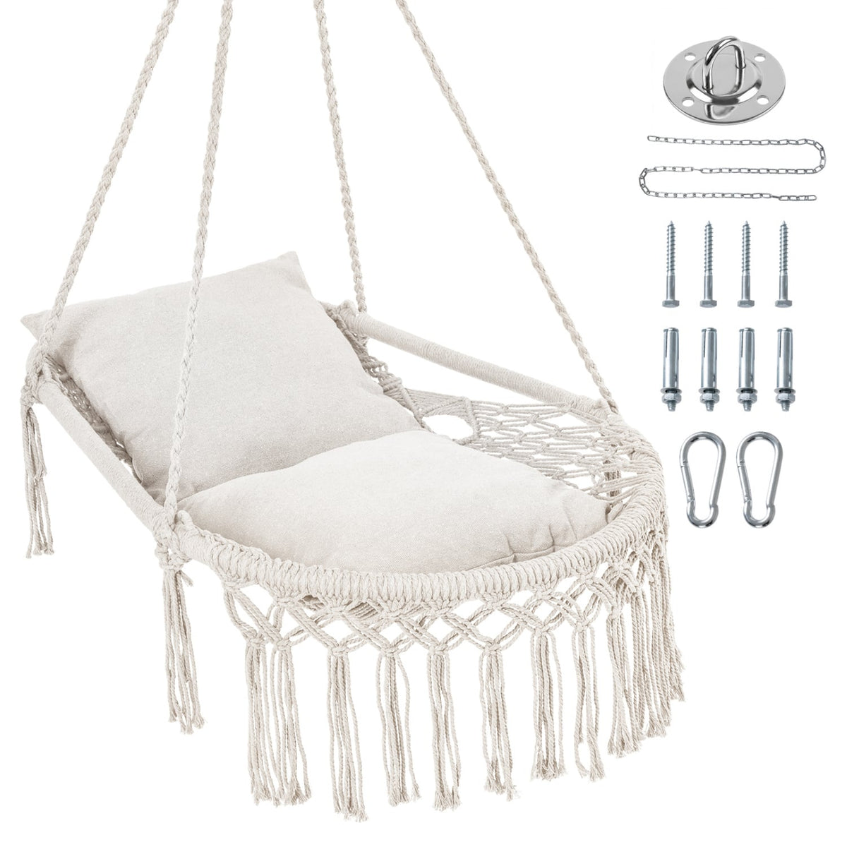 Macrame Swing Chair Hammock Chair with 2 Removable Cushions-Beige-Hammocks-DECOROLALA