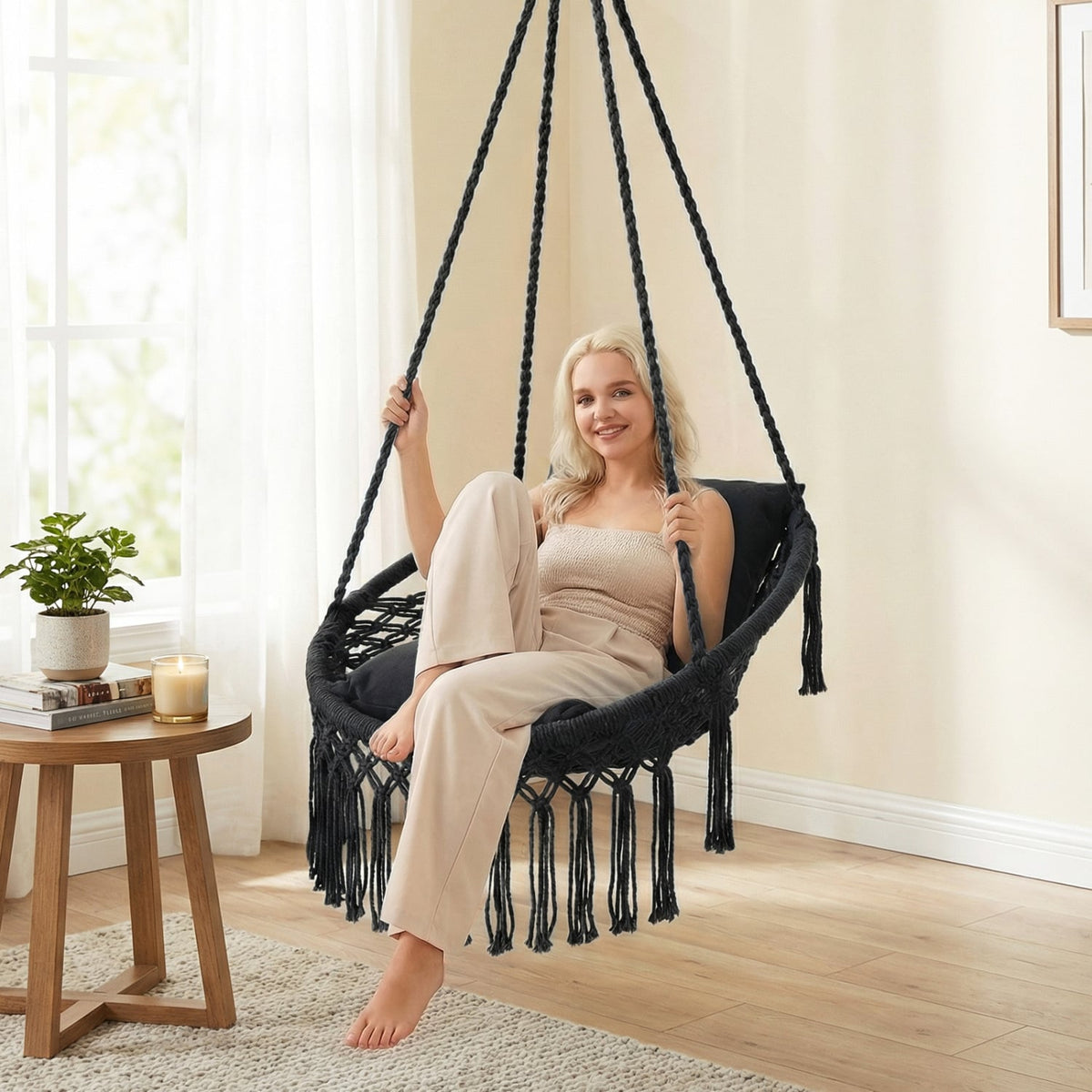 Macrame Swing Chair Hammock Chair with 2 Removable Cushions-Black-Hammocks-DECOROLALA