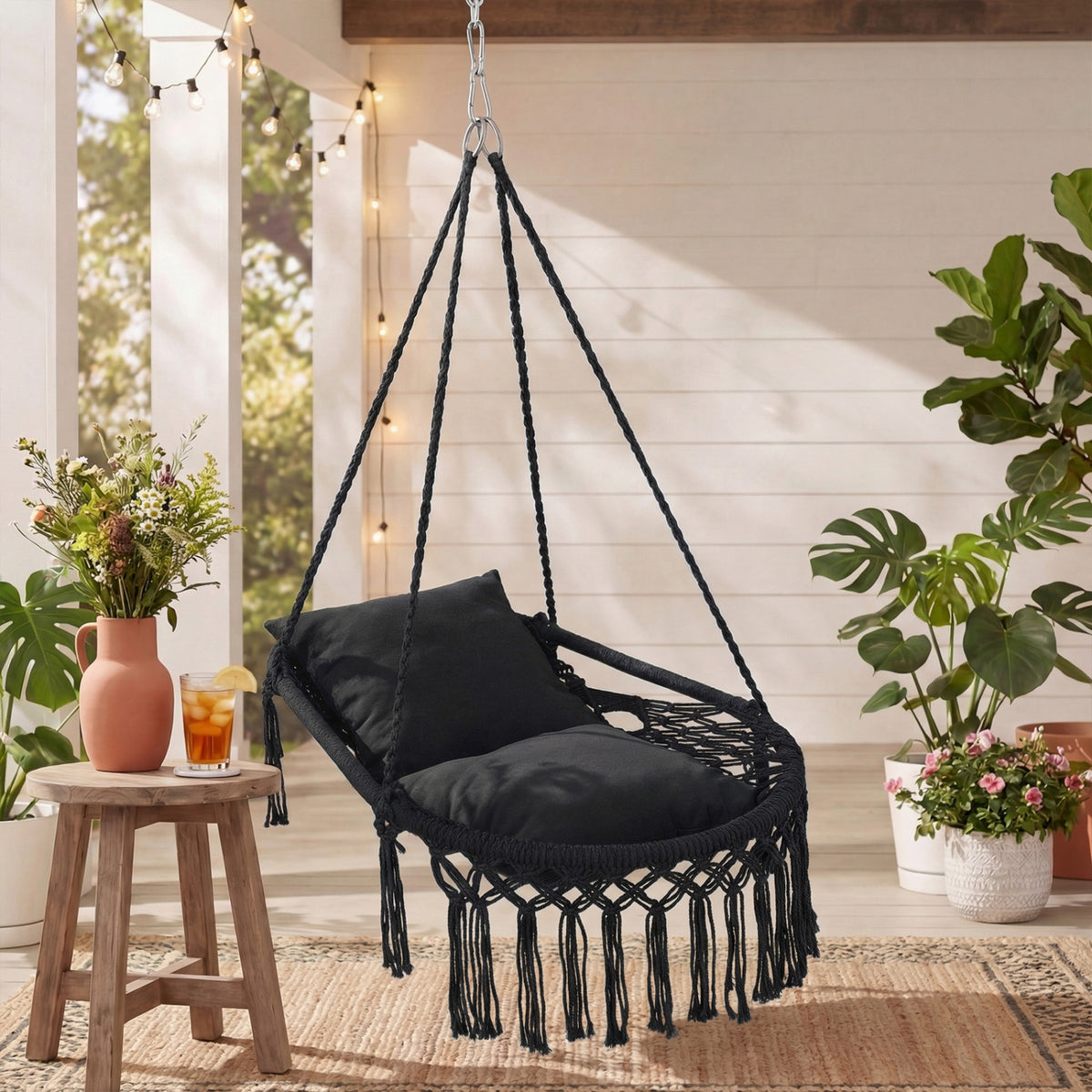 Macrame Swing Chair Hammock Chair with 2 Removable Cushions-Black-Hammocks-DECOROLALA