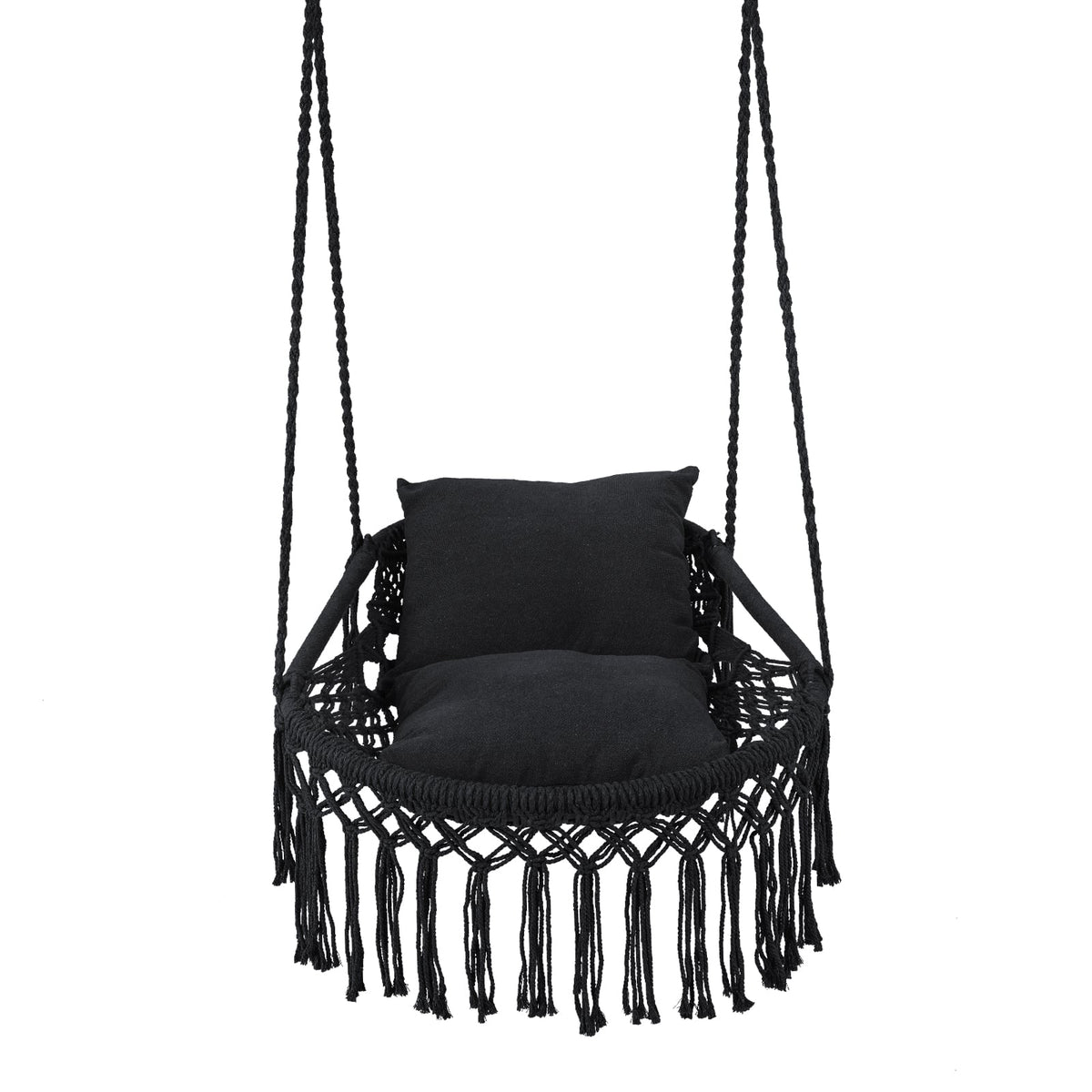 Macrame Swing Chair Hammock Chair with 2 Removable Cushions-Black-Hammocks-DECOROLALA