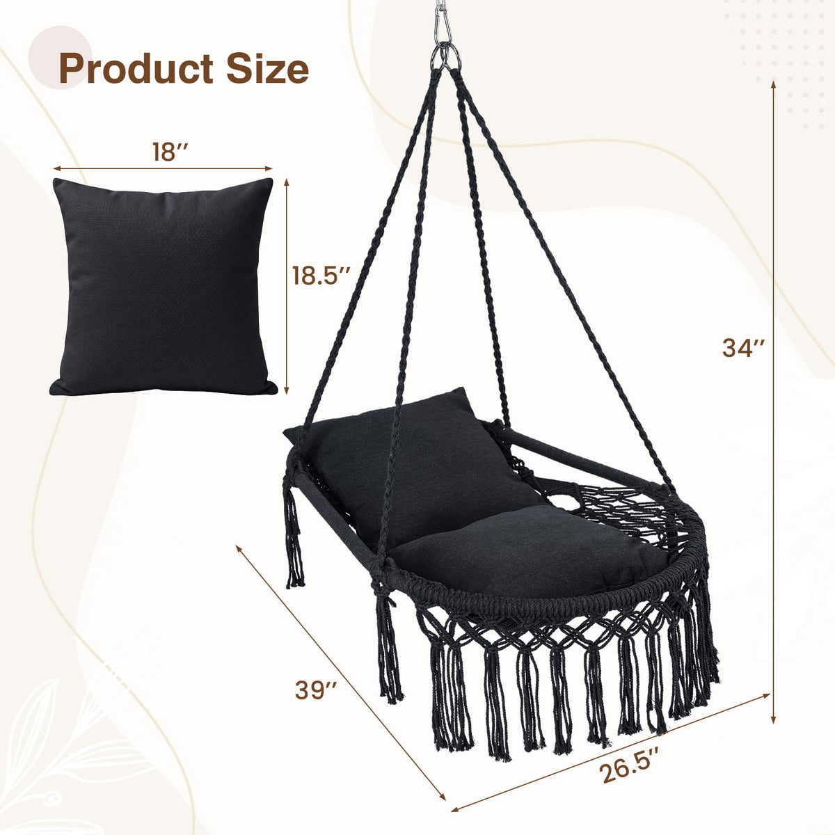 Macrame Swing Chair Hammock Chair with 2 Removable Cushions-Black-Hammocks-DECOROLALA