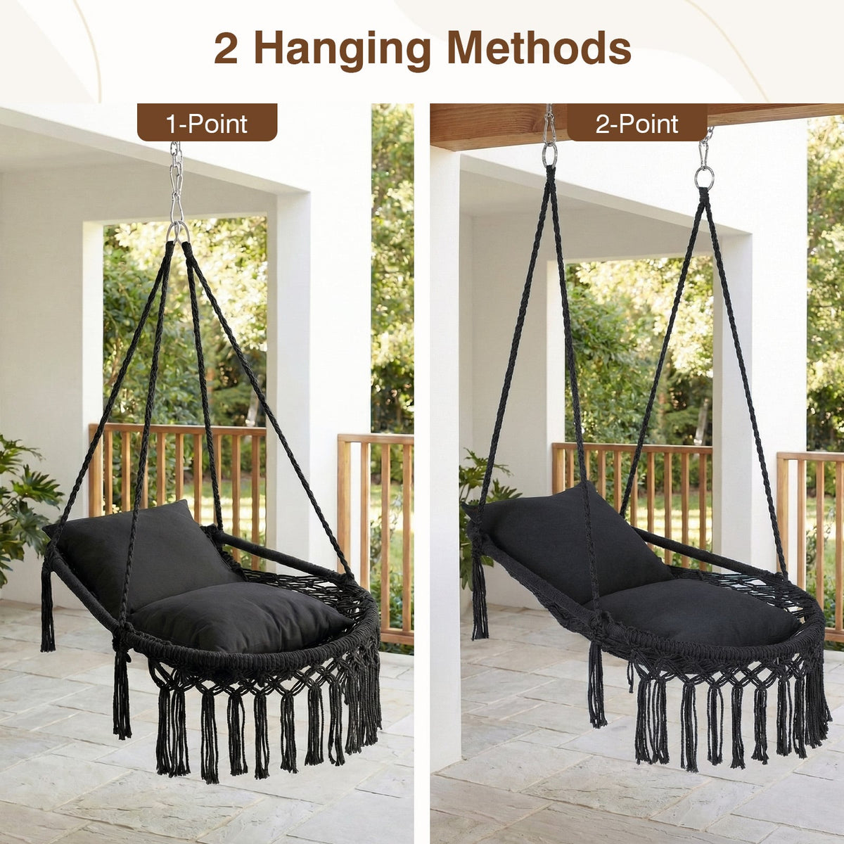 Macrame Swing Chair Hammock Chair with 2 Removable Cushions-Black-Hammocks-DECOROLALA