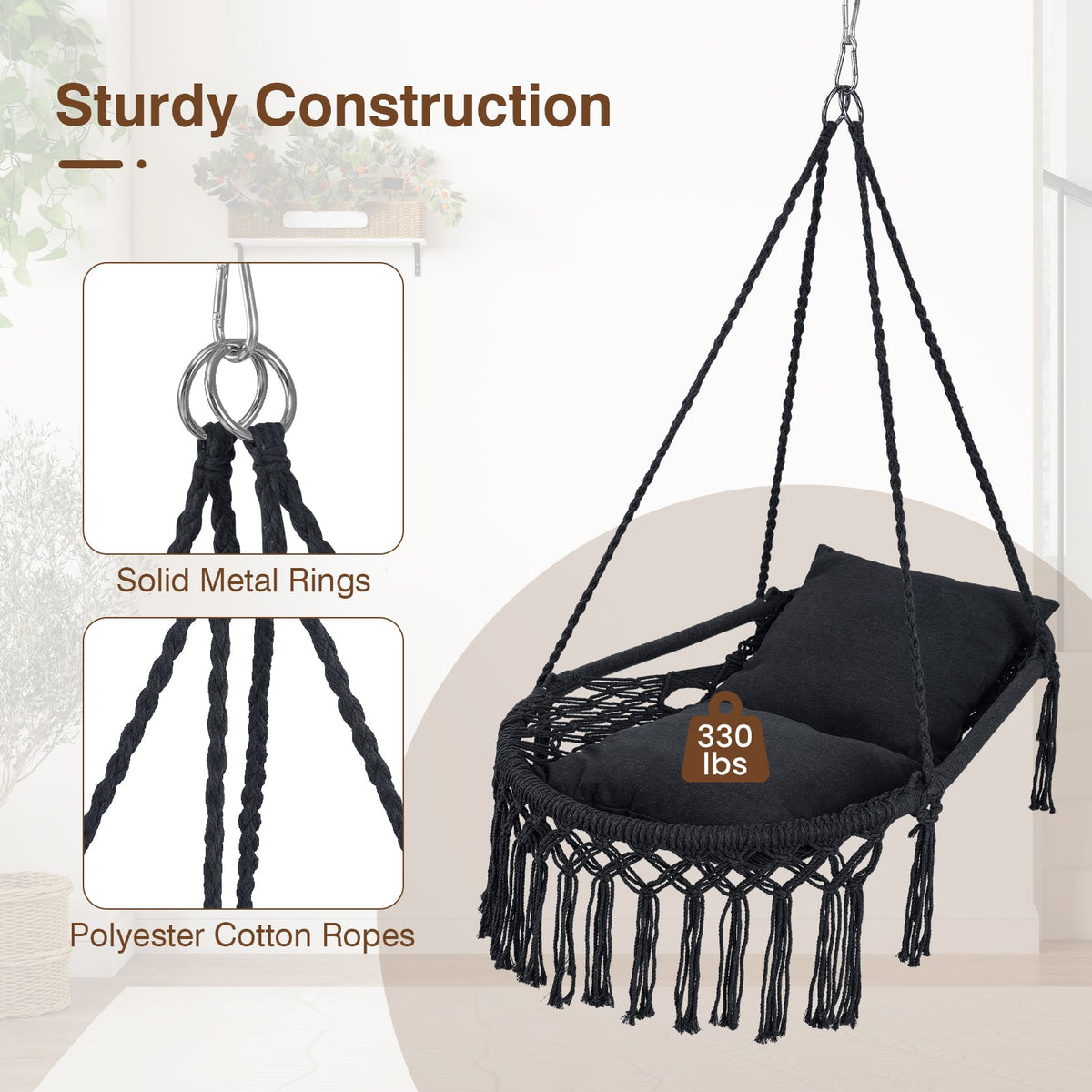 Macrame Swing Chair Hammock Chair with 2 Removable Cushions-Black-Hammocks-DECOROLALA