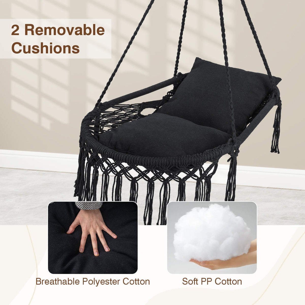 Macrame Swing Chair Hammock Chair with 2 Removable Cushions-Black-Hammocks-DECOROLALA