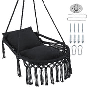 Macrame Swing Chair Hammock Chair with 2 Removable Cushions-Black-Hammocks-DECOROLALA