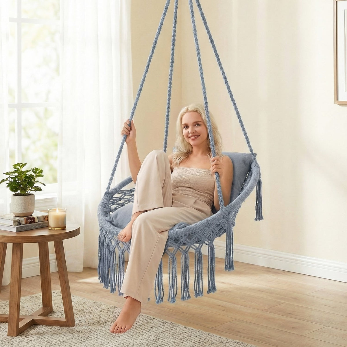 Macrame Swing Chair Hammock Chair with 2 Removable Cushions-Grey-Hammocks-DECOROLALA