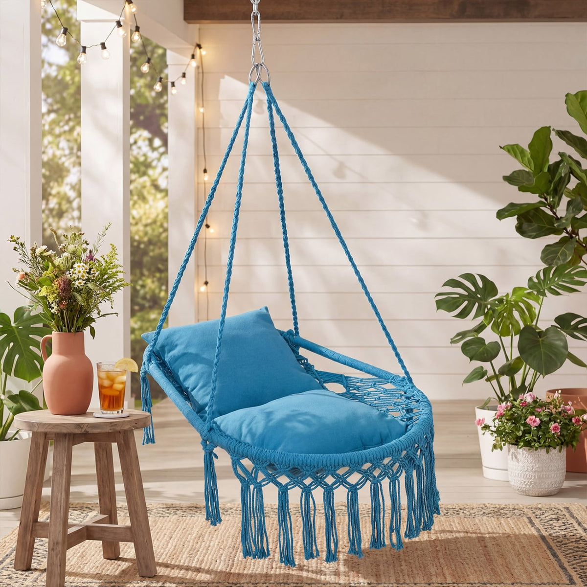 Macrame Swing Chair Hammock Chair with 2 Removable Cushions-Navy-Hammocks-DECOROLALA