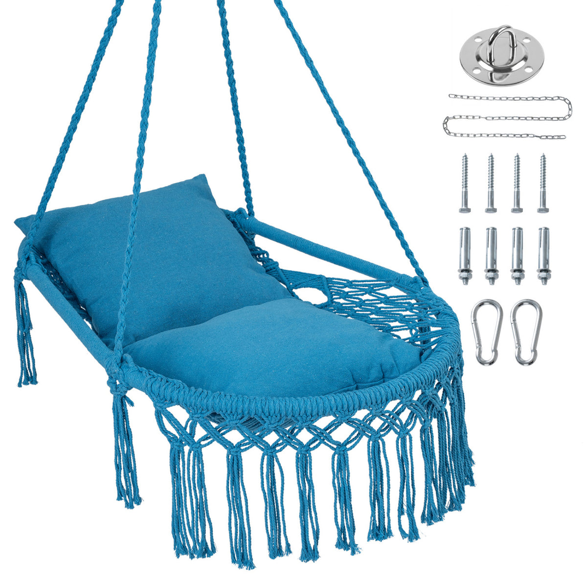 Macrame Swing Chair Hammock Chair with 2 Removable Cushions-Navy-Hammocks-DECOROLALA