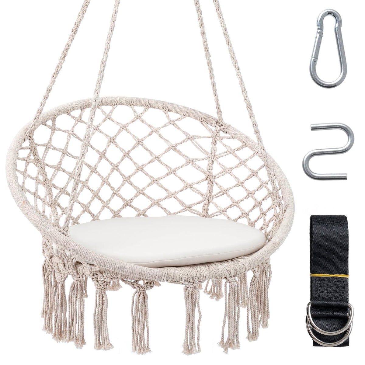 Macrame Swing Chair Hammock Chair with Round Seat Cushion-Beige-Hammocks-DECOROLALA