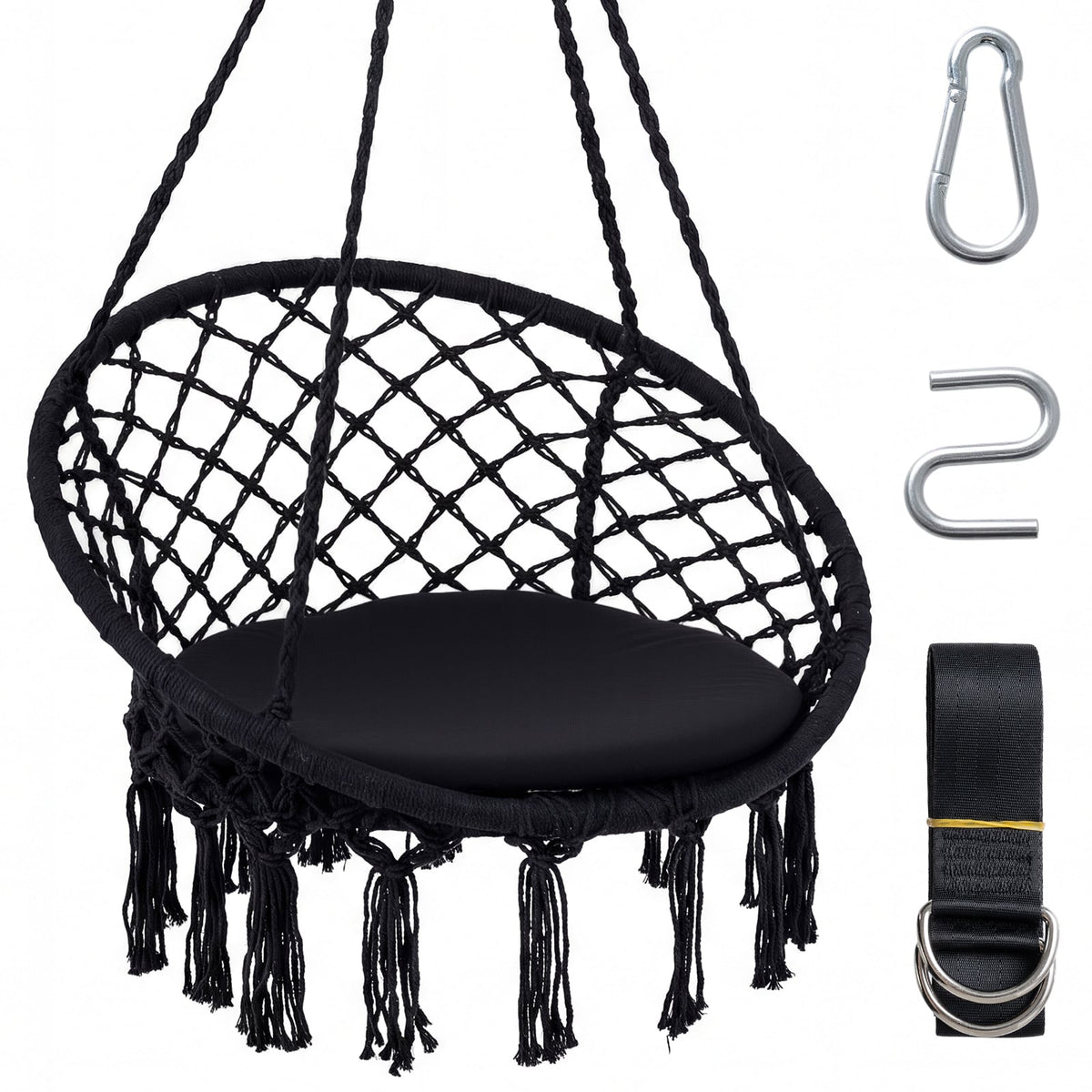 Macrame Swing Chair Hammock Chair with Round Seat Cushion-Black-Hammocks-DECOROLALA