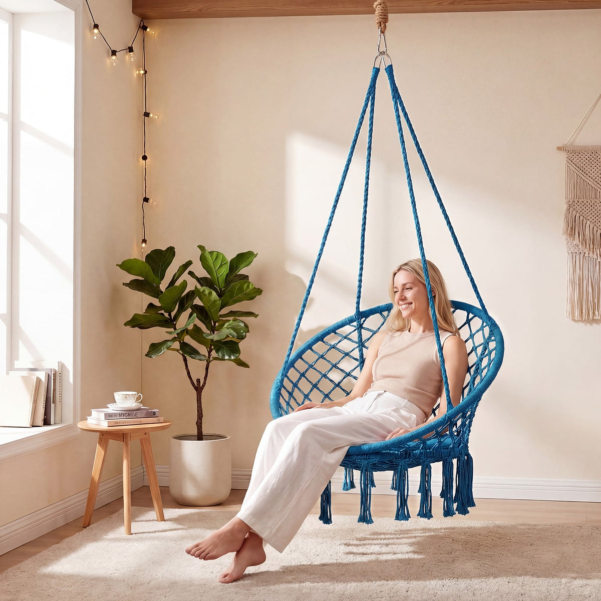 Macrame Swing Chair Hammock Chair with Round Seat Cushion-Blue-Hammocks-DECOROLALA