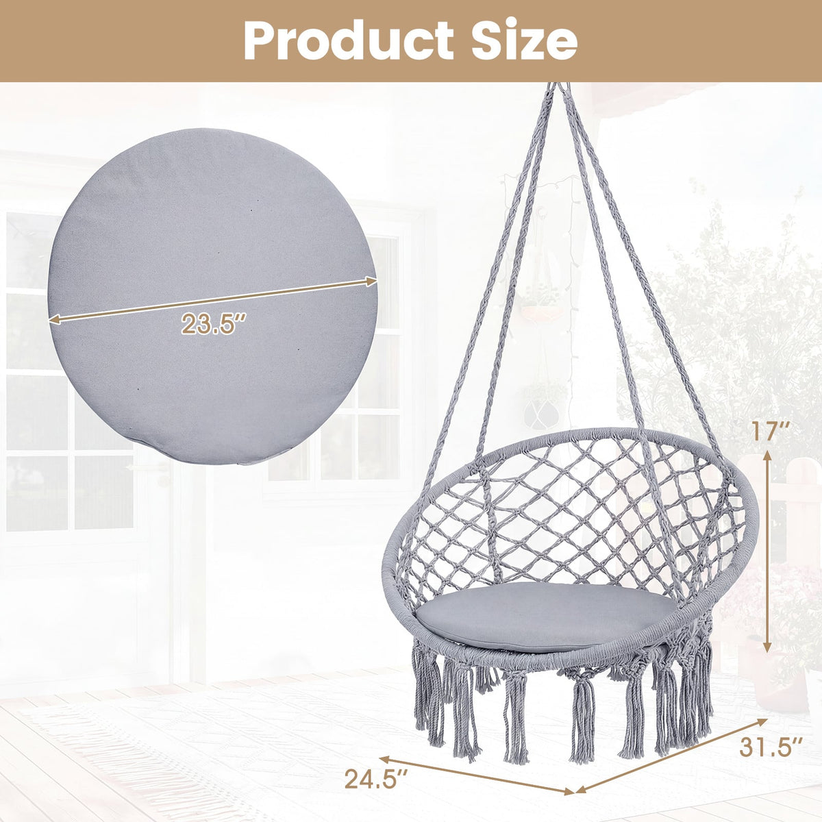 Macrame Swing Chair Hammock Chair with Round Seat Cushion-Grey-Hammocks-DECOROLALA
