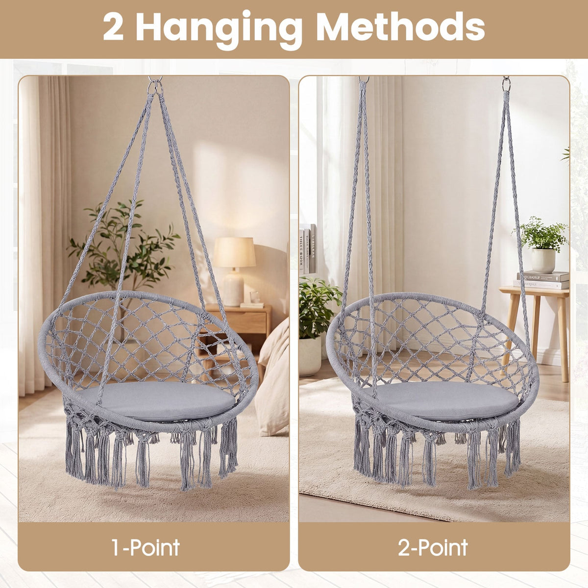 Macrame Swing Chair Hammock Chair with Round Seat Cushion-Grey-Hammocks-DECOROLALA