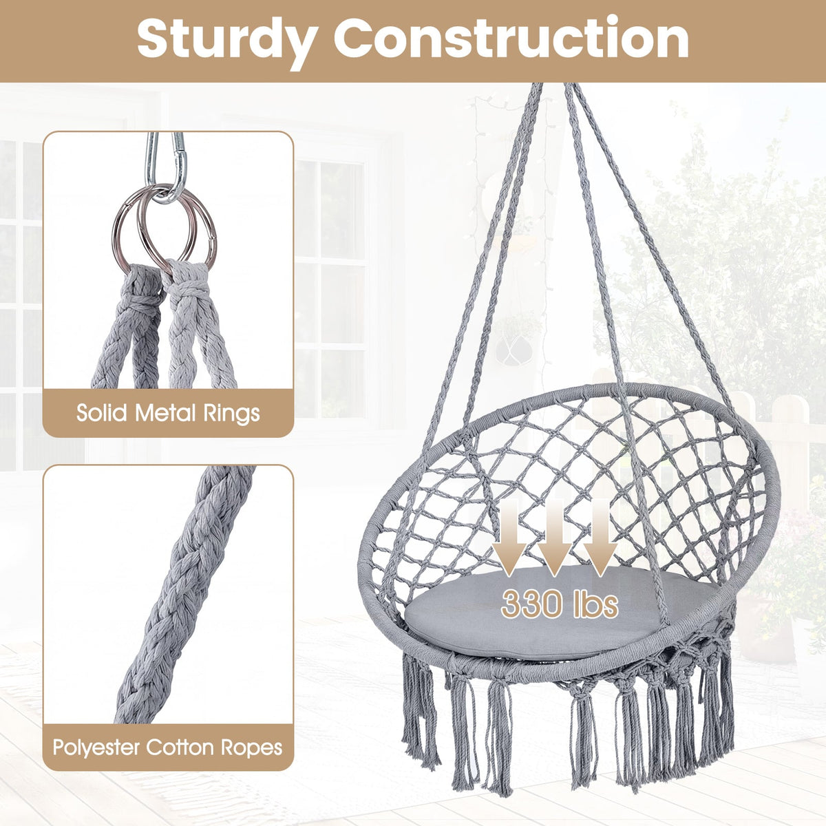 Macrame Swing Chair Hammock Chair with Round Seat Cushion-Grey-Hammocks-DECOROLALA