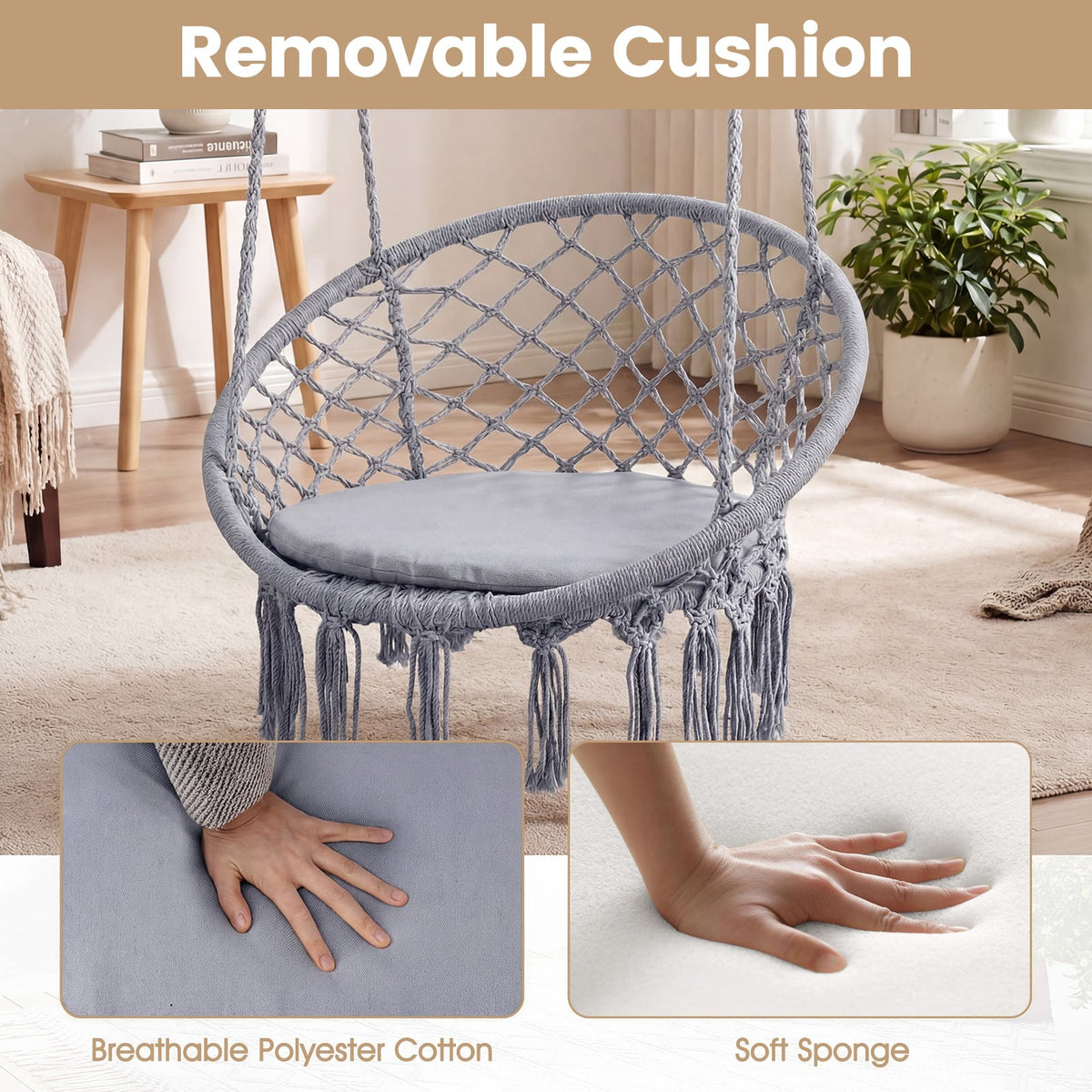 Macrame Swing Chair Hammock Chair with Round Seat Cushion-Grey-Hammocks-DECOROLALA